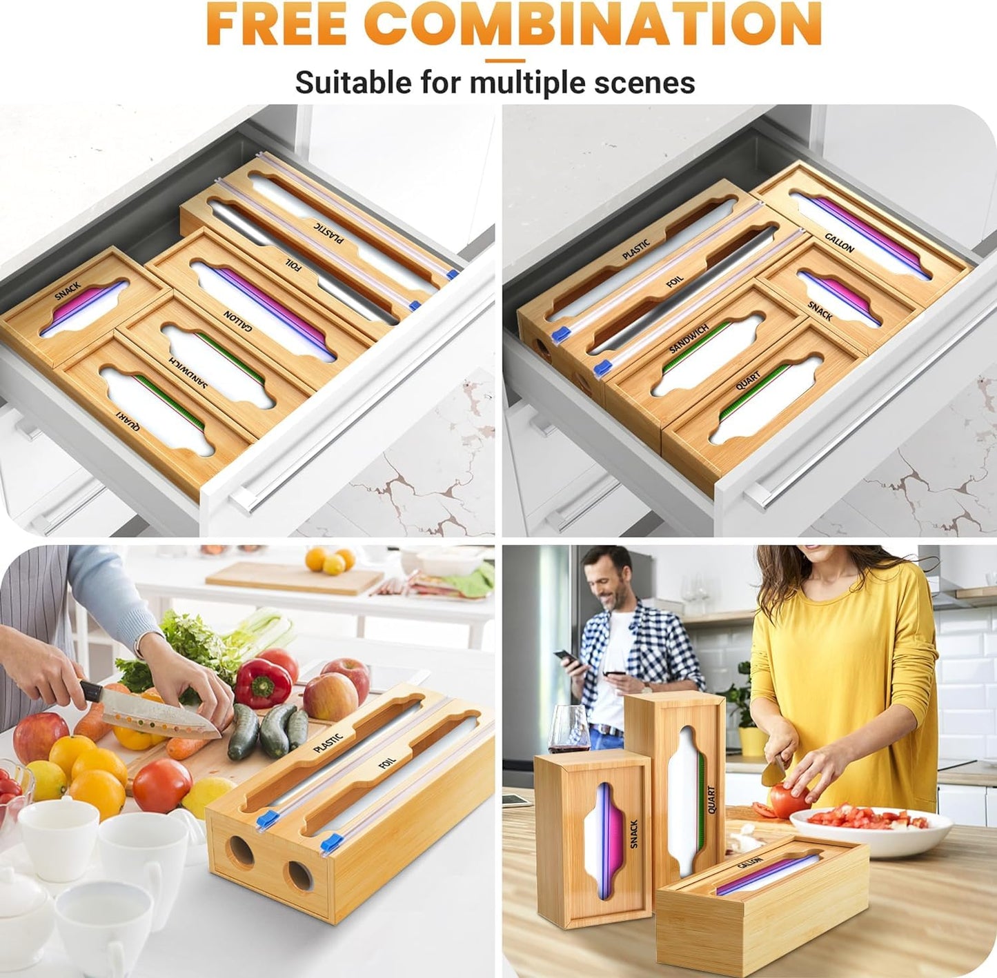 YITOBA 6 In 1 Bag Storage Organizer With Foil and Plastic Wrap Dispenser, Extended Aluminum Foil Holder, Bamboo Baggie Drawer for Gallon, Quart, Snack