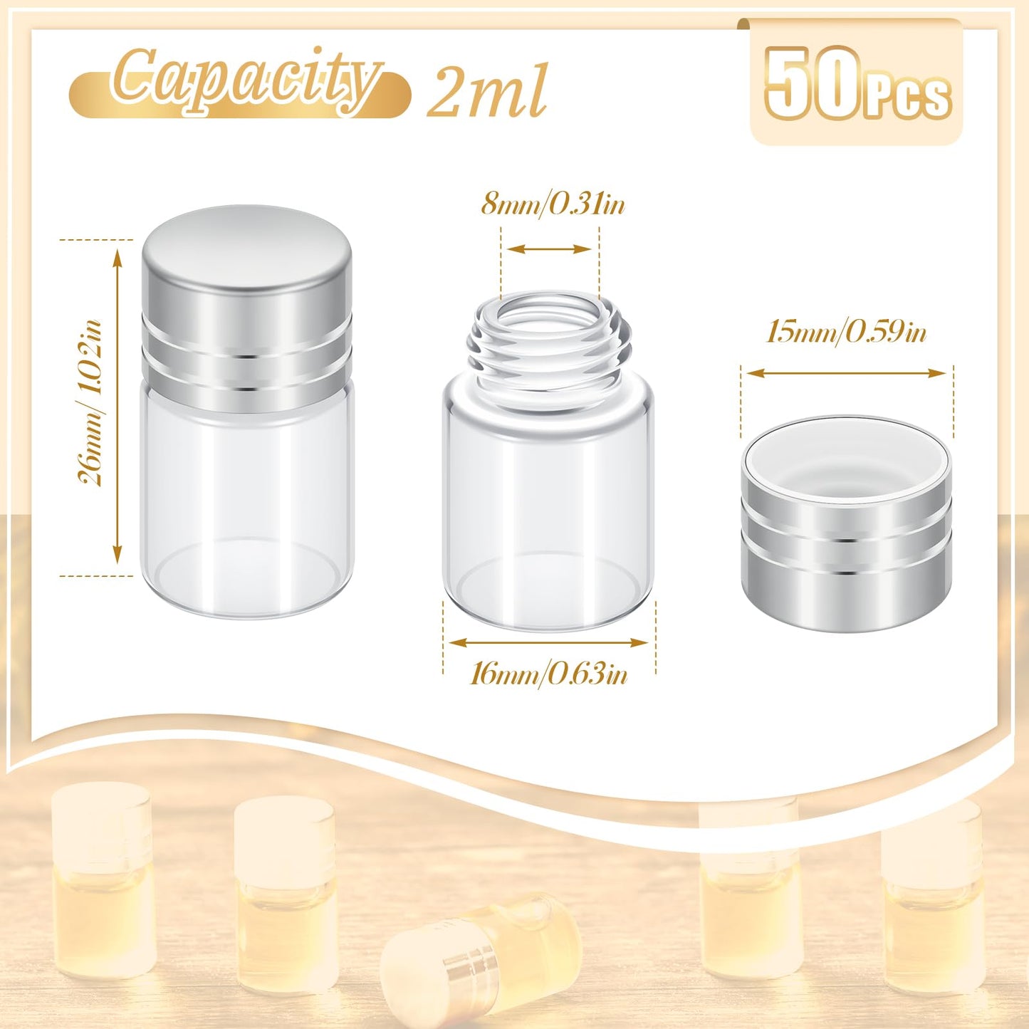 Didaey 50 Pcs Mini Glass Bottles with Screw Caps 2ml Tiny Glass Vials Small Clear Jars Empty Wishing Gift Bottles Jars Tiny Vials Containers for DIY Storage Art Craft Decor (Silver)