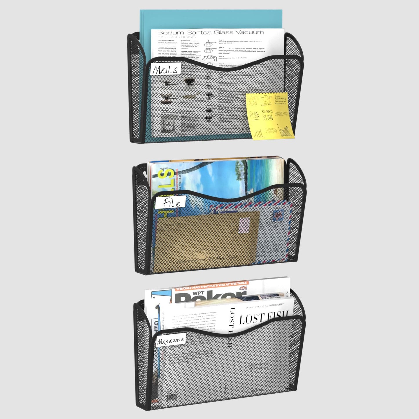 Wall File Organizer, 3 Single Pockets Mesh Hanging File Organizer, Mount Document Magazine Rack with Labels, Hanging File Folders for Office, Home and School, Black