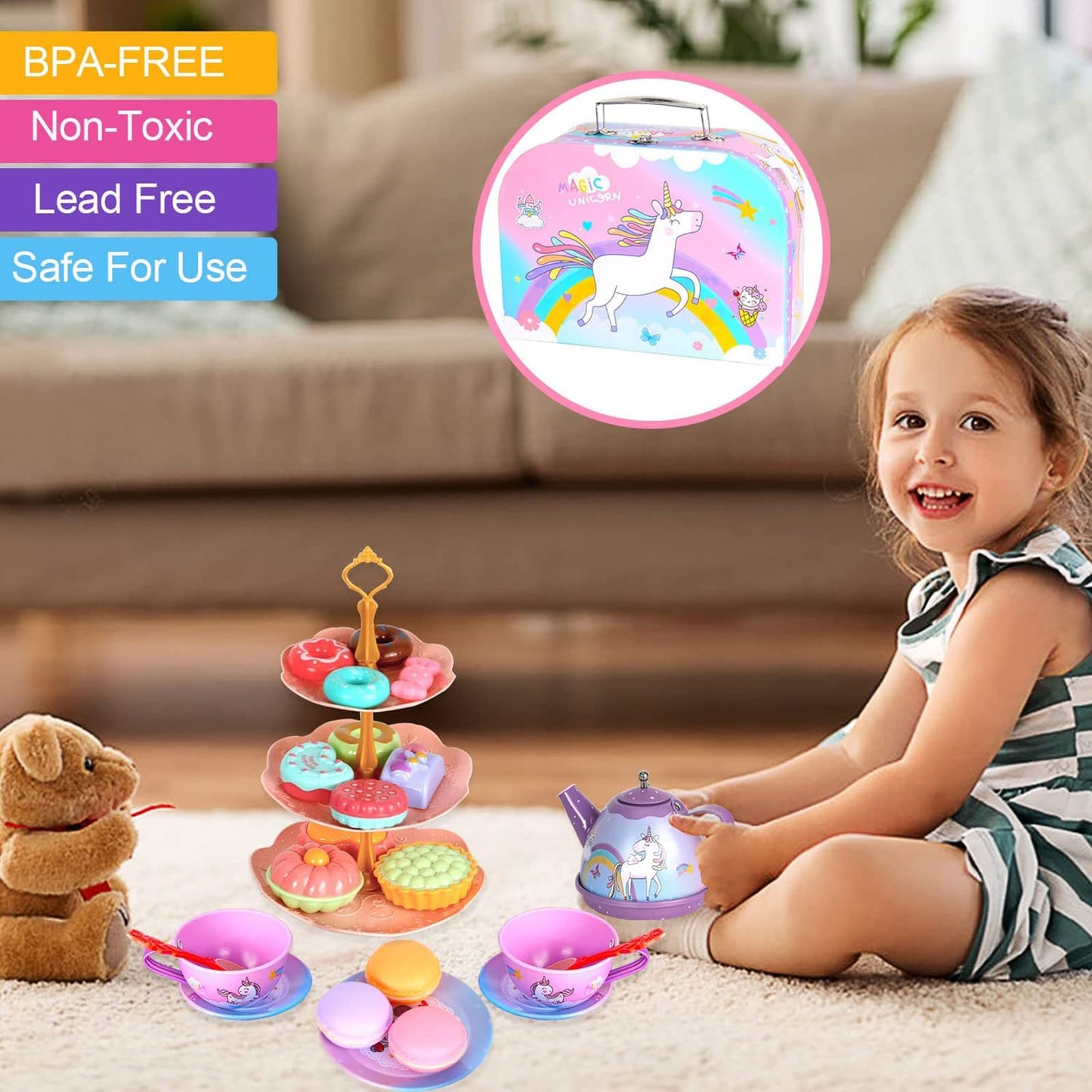ZEAUBiM Kids Tea Set for Little Girls,Gift for Age 3 4 5 6 Year Old, Toddler Toys Tea Party Set for Little Girls, Princess Kids Kitchen Pretend Toy with Tin Tea Set (Unicorn Tin Teapot Set)