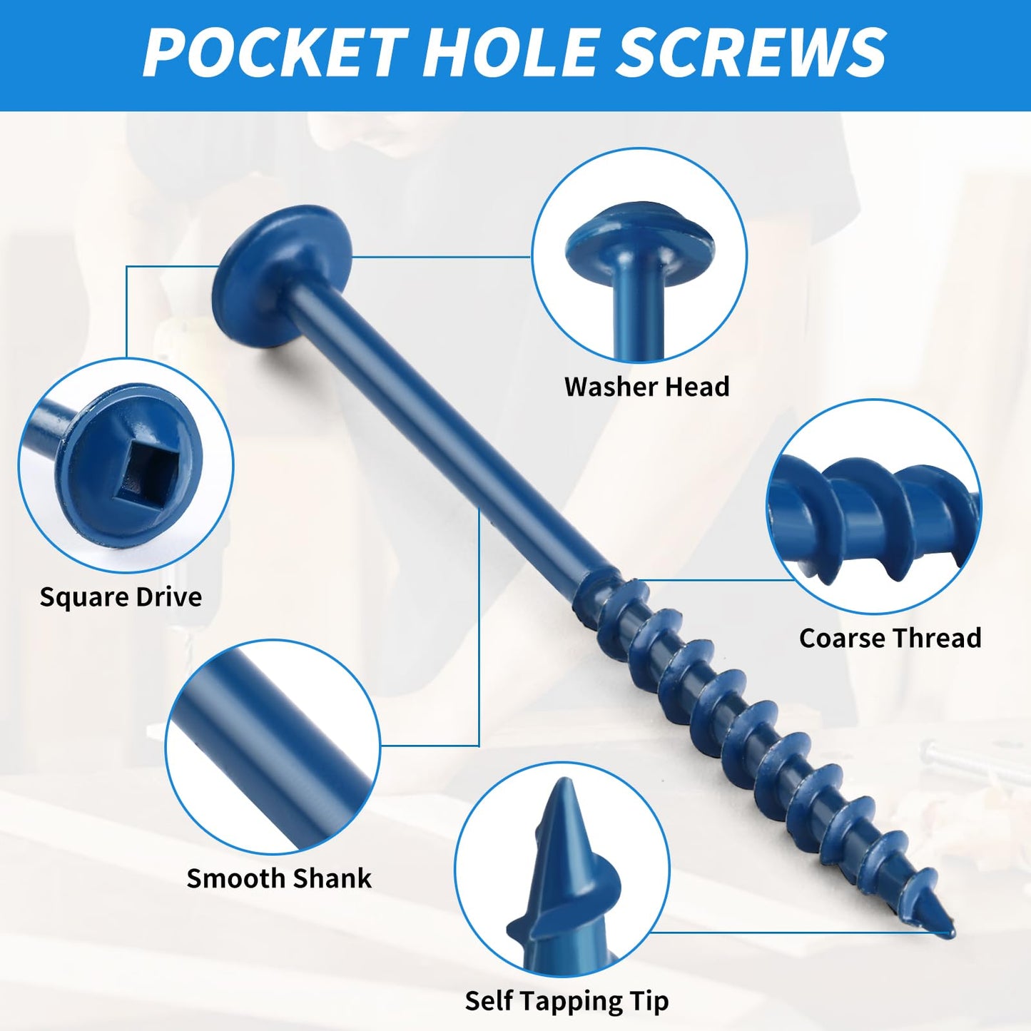 Besitu 400Pcs Pocket Hole Screws Assortment Kit, 4 Sizes #8 x 1, 1-1/4", 2", 2-1/2" Coarse Thread Wood Screws with Square Drive, Blue Anti-Rust Coated for Outdoor, Self Tapping, Drive Bit Included