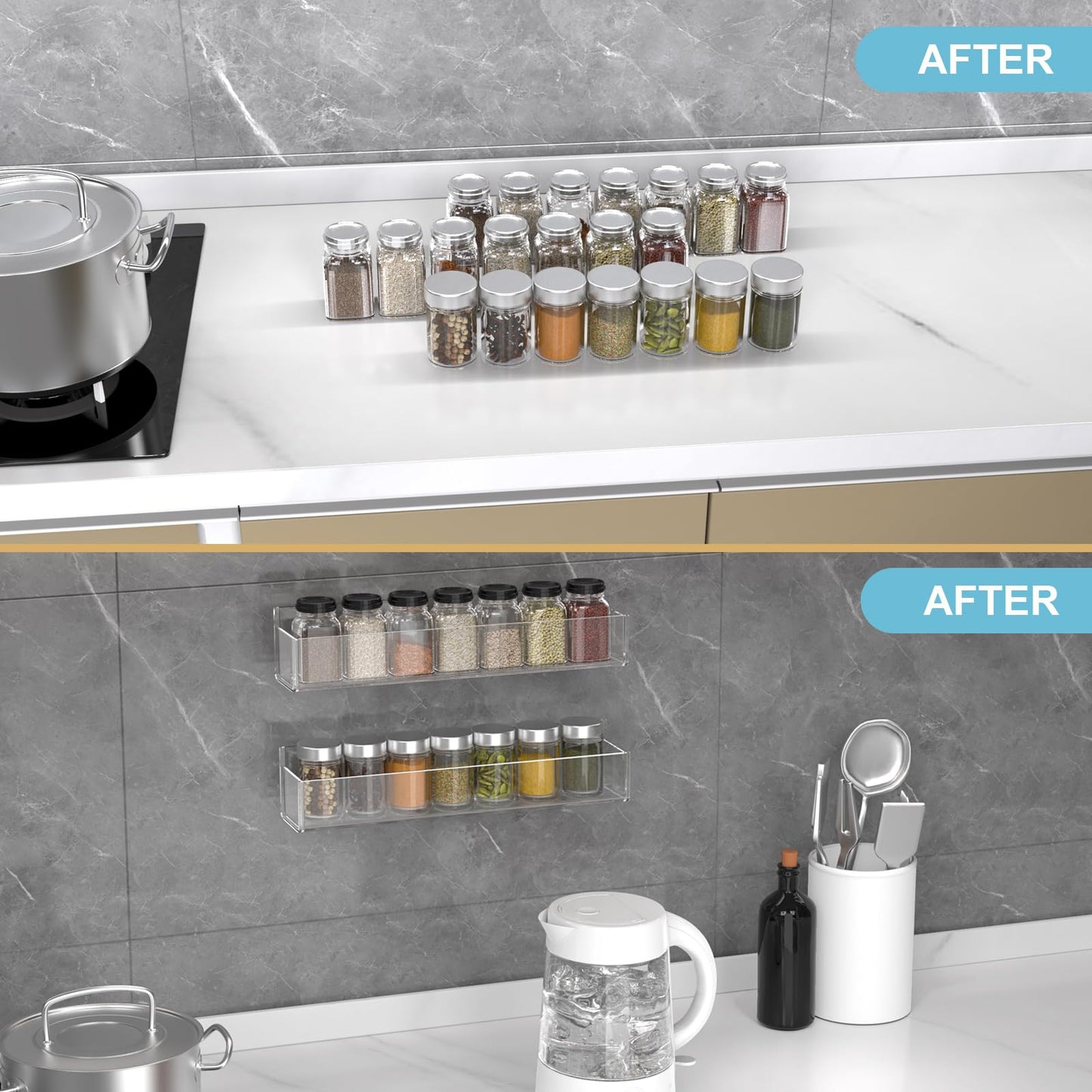 PMMASTO Adhesive Spice Rack Organizer for Cabinet, Acrylic Spice Rack Wall Mount, Space-Saving Spice Organizer Wall Spice Rack for Kitchen Cabinet, Cupboard, Countertopor Pantry Door (Clear - 4 PACK)