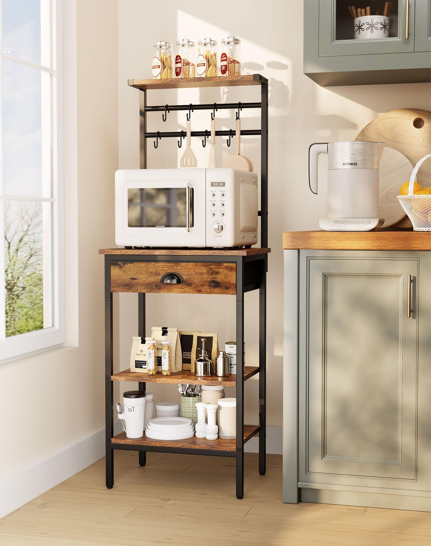 YMYNY Kitchen Shelf, Baker's Rack, Coffee Organiser, Coffee Bar, 5 Shelves, 8 Hooks, Fabric Drawers, Steel Frame, 43 x 33 x 134.5 cm, for Kitchen, Living Room, Vintage HBR009H