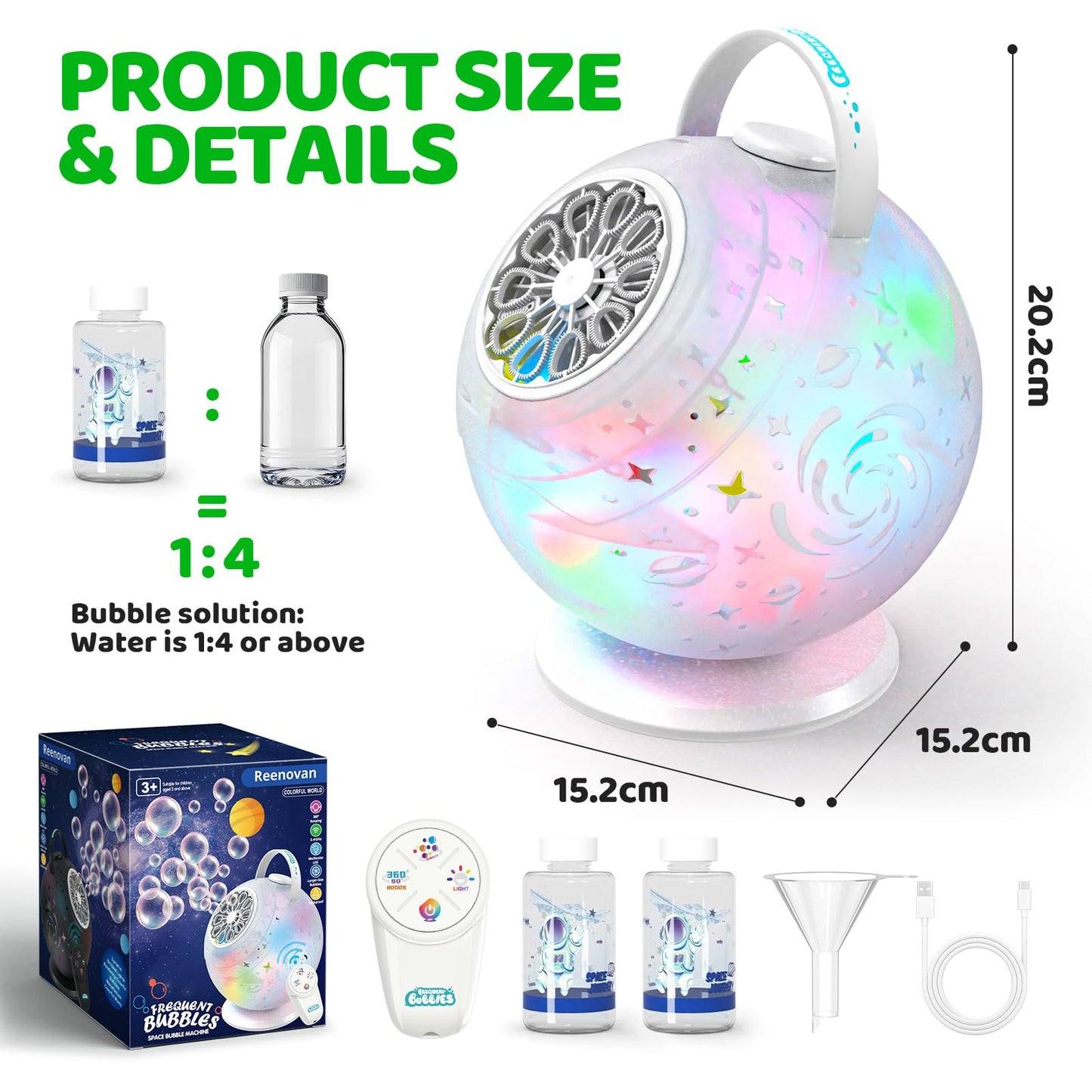 Bubble Machine, Rechargeable Bubble Blower with Remote Control, 10-Hole Bubble Maker for Kids, 7-Color Lights, 90°/360° Rotation, USB-C Charging, Outdoor Toys Gift for Boys Girls Parties, Birthday