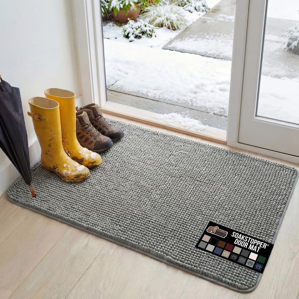 GORILLA GRIP Ultra Absorbent Grippy Doormat for Muddy Dog Paws, 48x30 Machine Washable Soak Stopper Rugs Cleaner Floors, Bed Mat for Dirty Dogs, Indoor Entrance Door Rug Pet Bed Mats Gray