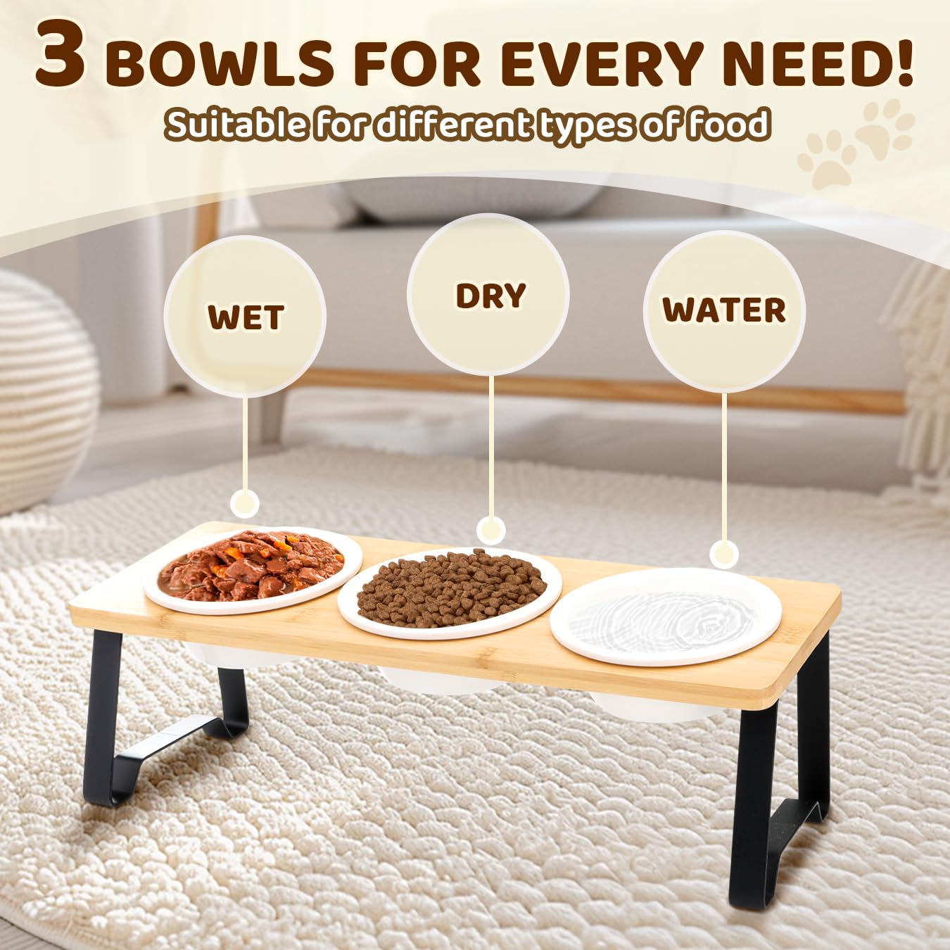 AUTOWT Elevated Cat Bowls, 15°Tilted Raised Cat Food Bowl with 3 Ceramic Dishes and Bamboo Stand Feeding Station Provides Optimal Eating Position, for Indoor Cats Pet Food and Water, Easy Assembly