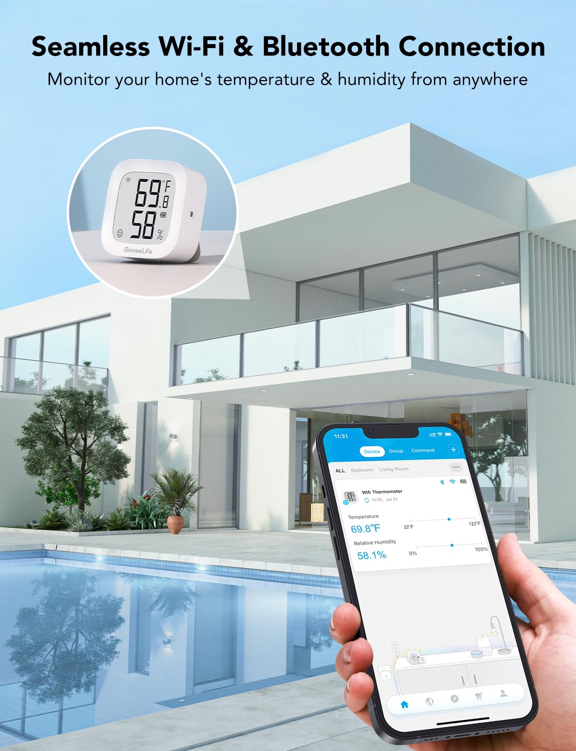 GoveeLife WiFi Thermometer Hygrometer H5103, Indoor Bluetooth Temperature Humidity Sensor with Electronic Ink Display, App Notification Alert, Free Data Storage Export, Digital Remote Monitor for Bedroom