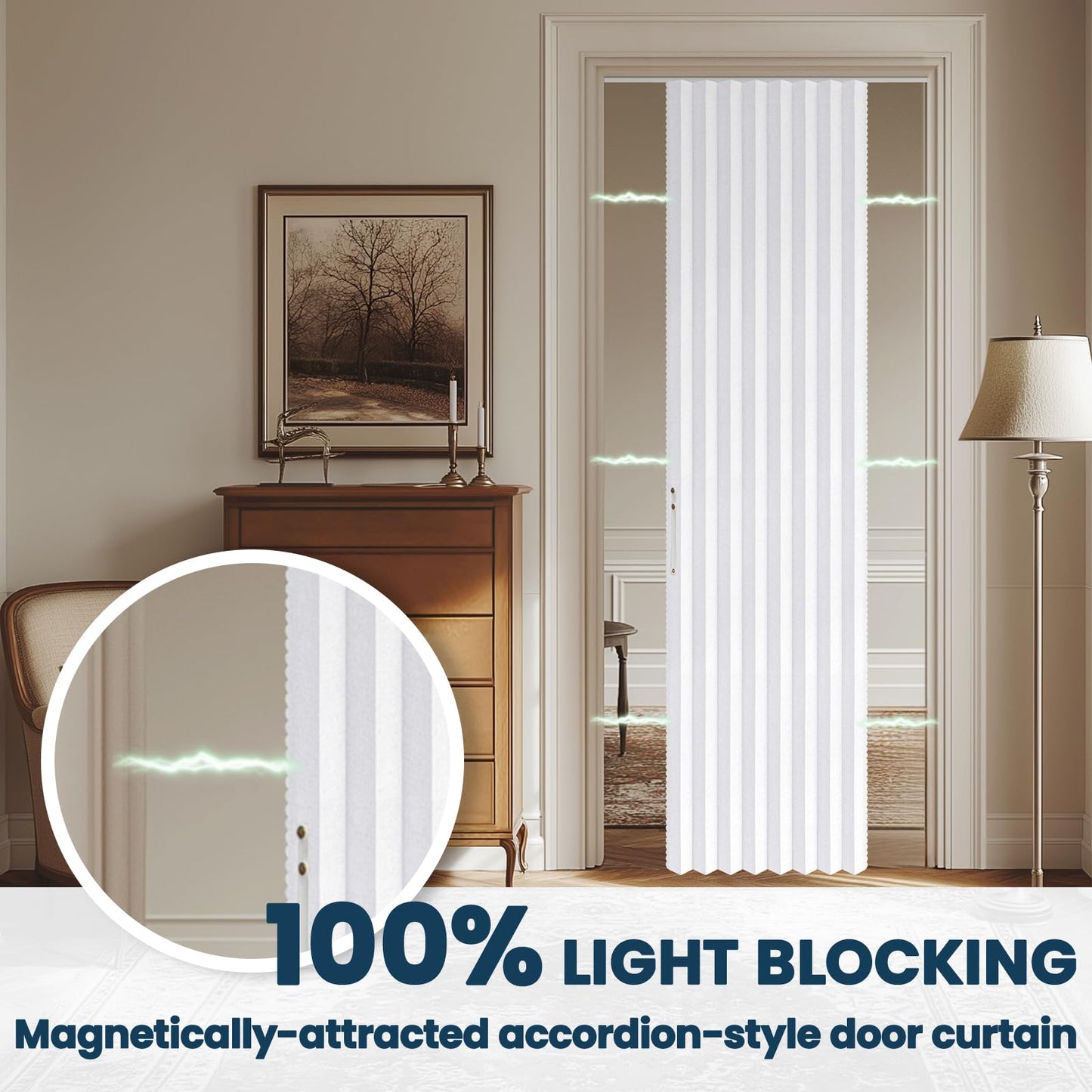 AJAZZ 100% Blackout Magnetic Door Curtain Patio Door Curtain Invisible Folding Door for Bedroom Living Room Accordion Doorway Curtain Sets Included Tracks (1Panel, 43W x 79 L, White)