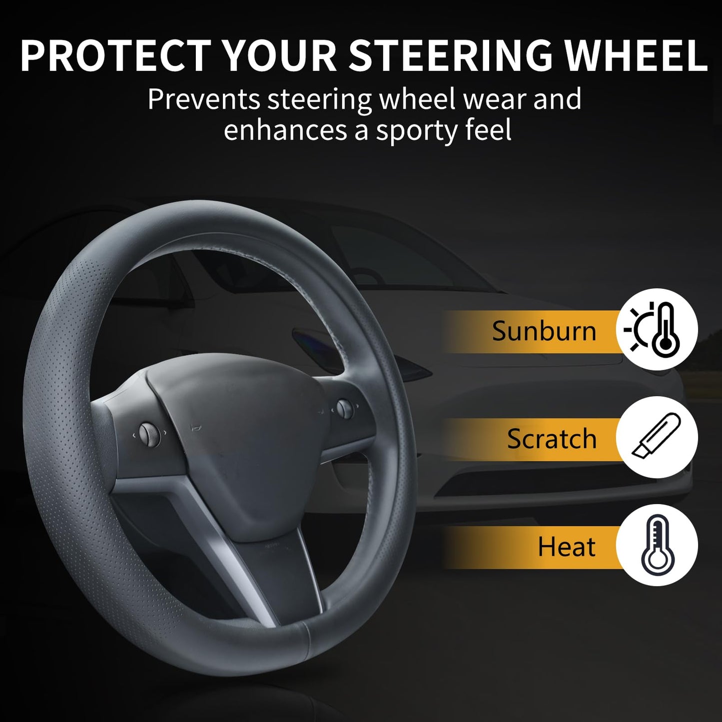 Uxcer Nappa Leather Steering Wheel Cover Compatible with Tesla Model 3/Y 2016-2025 2026 Juniper/Highland, Non-Slip Breathable Model 3/Y Steering Wheel Protector, Black
