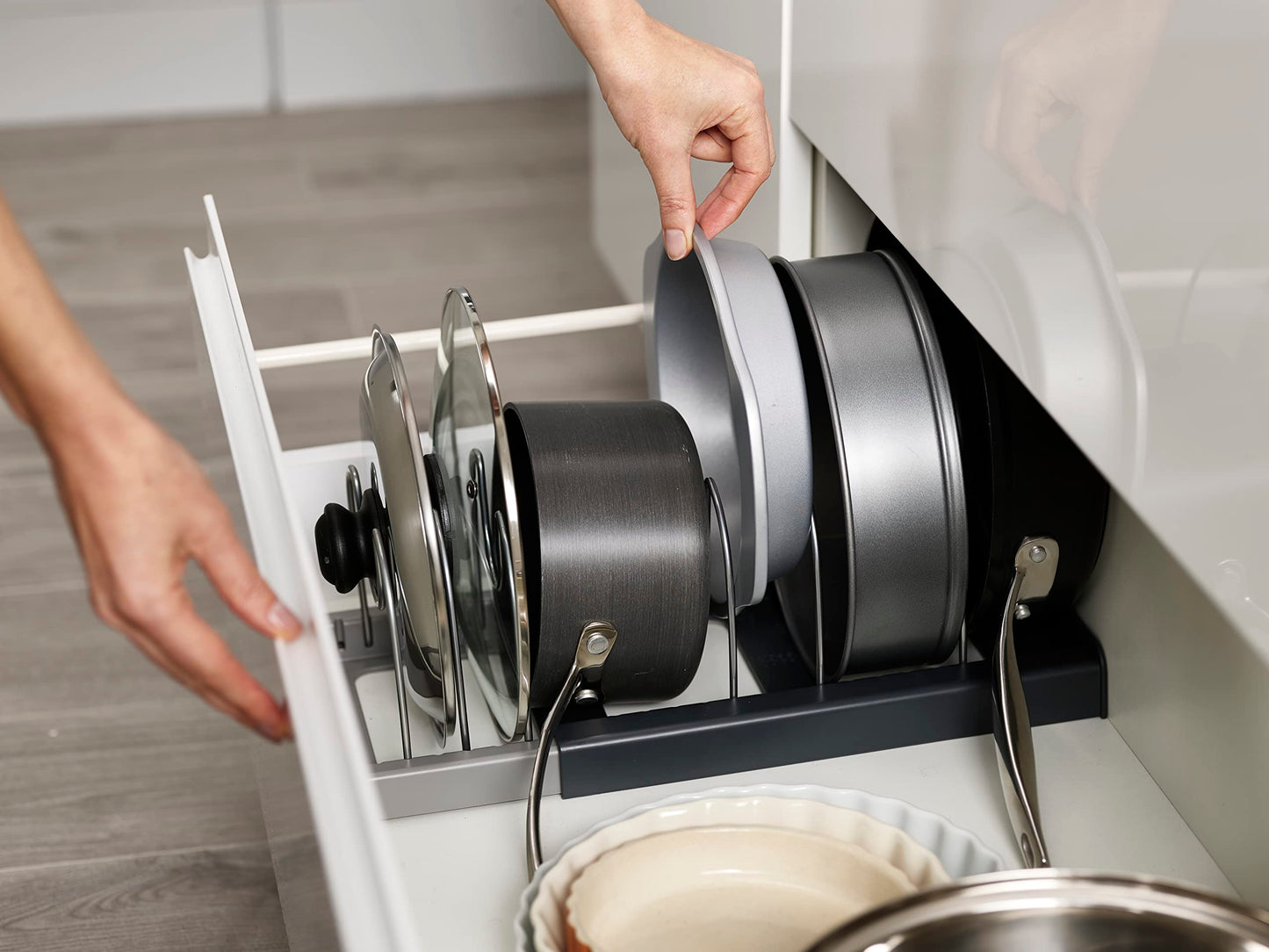 Joseph Joseph DrawerStore Expanding Cookware Organizer Space Saving Storage for Pan Lids Baking Trays Grey