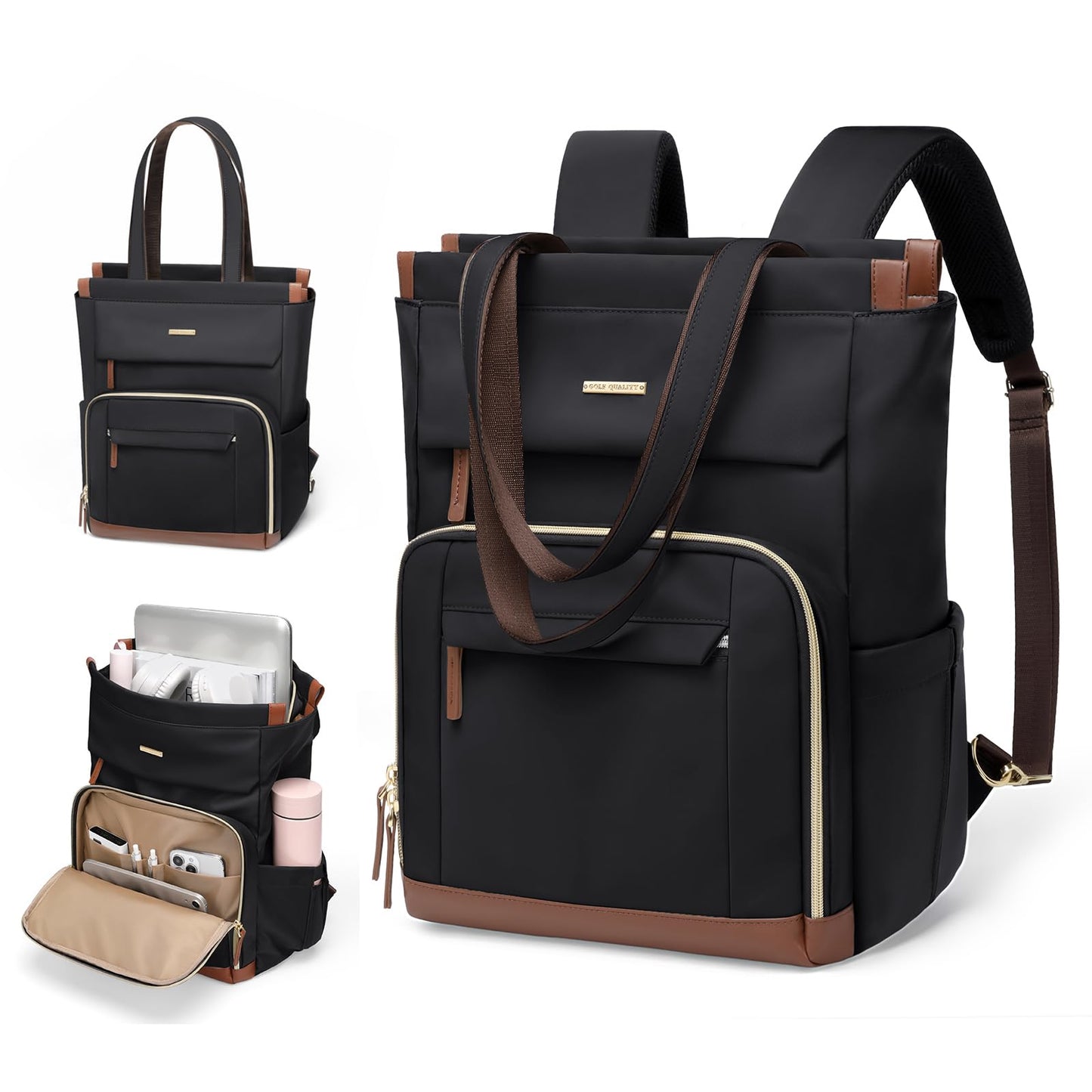 GOLF QUALITY ConvertibleDaypack Laptop Backpack Women Carry on Tote Backpack Bookbag for College Work Nurse Travel,16Inch,Black Brown