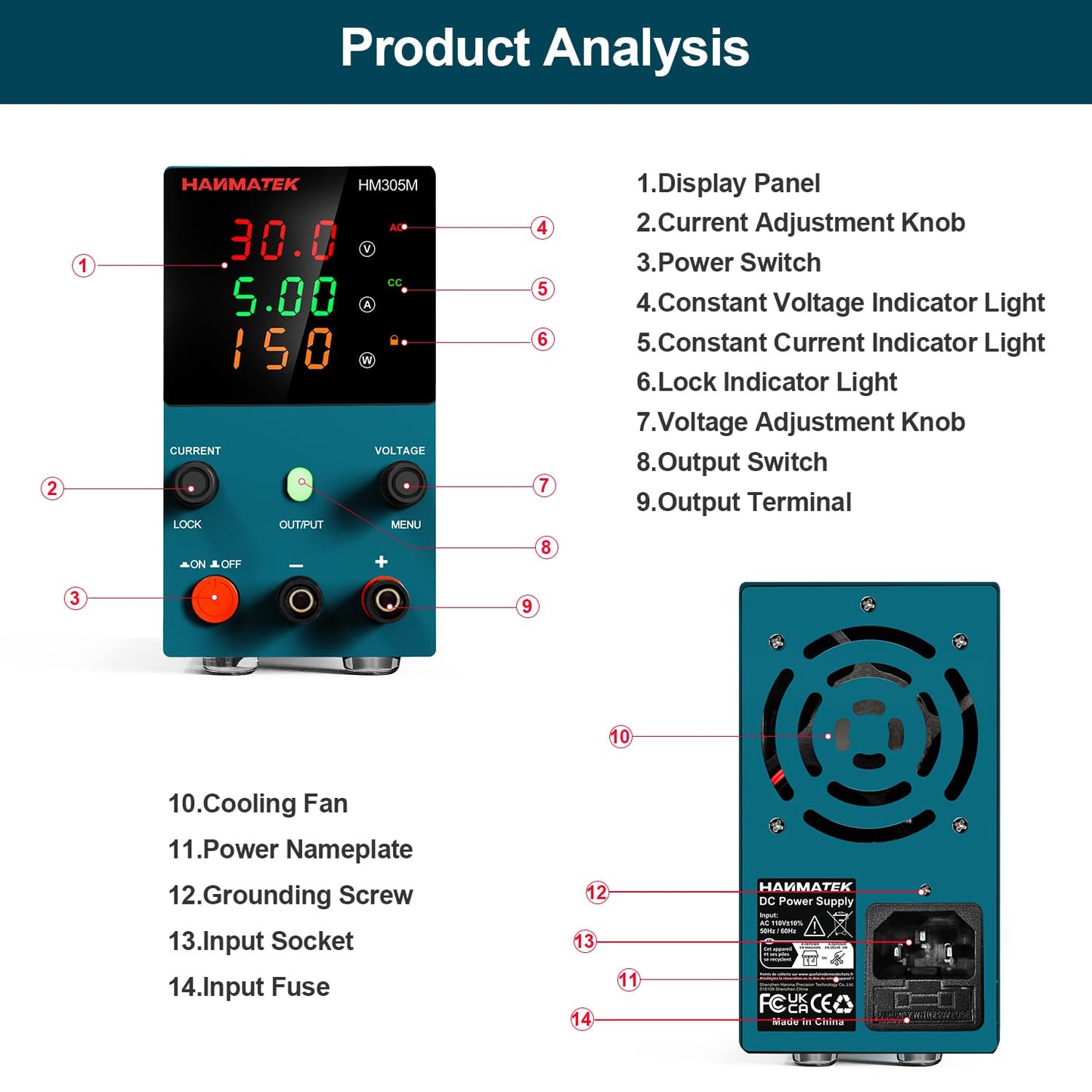 HANMATEK DC Power Supply Variable, 0-30V 0-5A Adjustable Switching DC Regulated Bench,CC CV Mode,Power Supply with High Precision 3-Digit LED Display Value HM305M