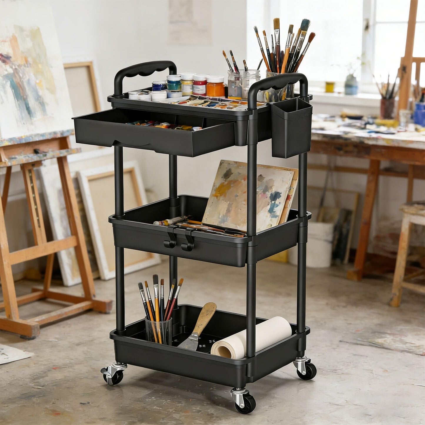 SUNALLY 3 Tier Rolling Storage Carts with Drawer, Storage Cart Organizer with Lockable Wheels Rolling Utility Organizing Cart for Bathroom Kitchen Bedside Art Craft Snack Makeup Lash Nail Baby, Black