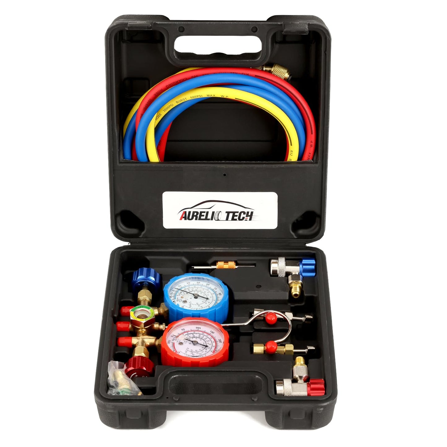 AURELIO TECH 3 Way AC Manifold Gauge Set, Fits for R134A R12 R22 and R502 Refrigerants, with 5FT Hose, Acme Tank Adapters, Quick Couplers and Can Tap (2022 Upgrade Version)