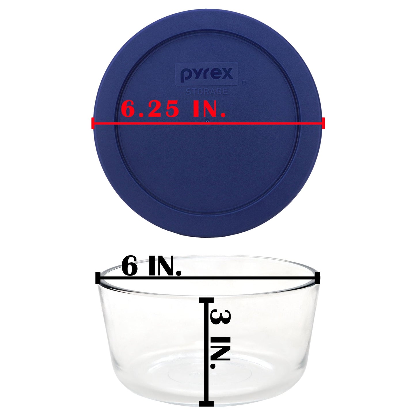 Pyrex Storage 4-Cup Round Dish with Dark Blue Plastic Cover, Clear (Pack of 2 Containers)