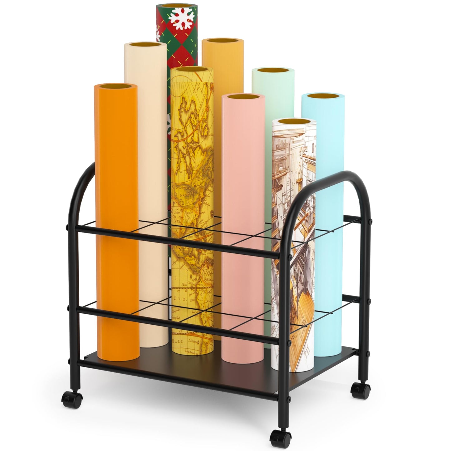 Yutrchey Blueprint Storage Rack with Wheels – 12-Slot Metal Roll File Holder with Silent Casters & Brakes for Blueprints, Wrapping Paper, Posters, Maps – Mobile File Cart for Office & Home (Black)