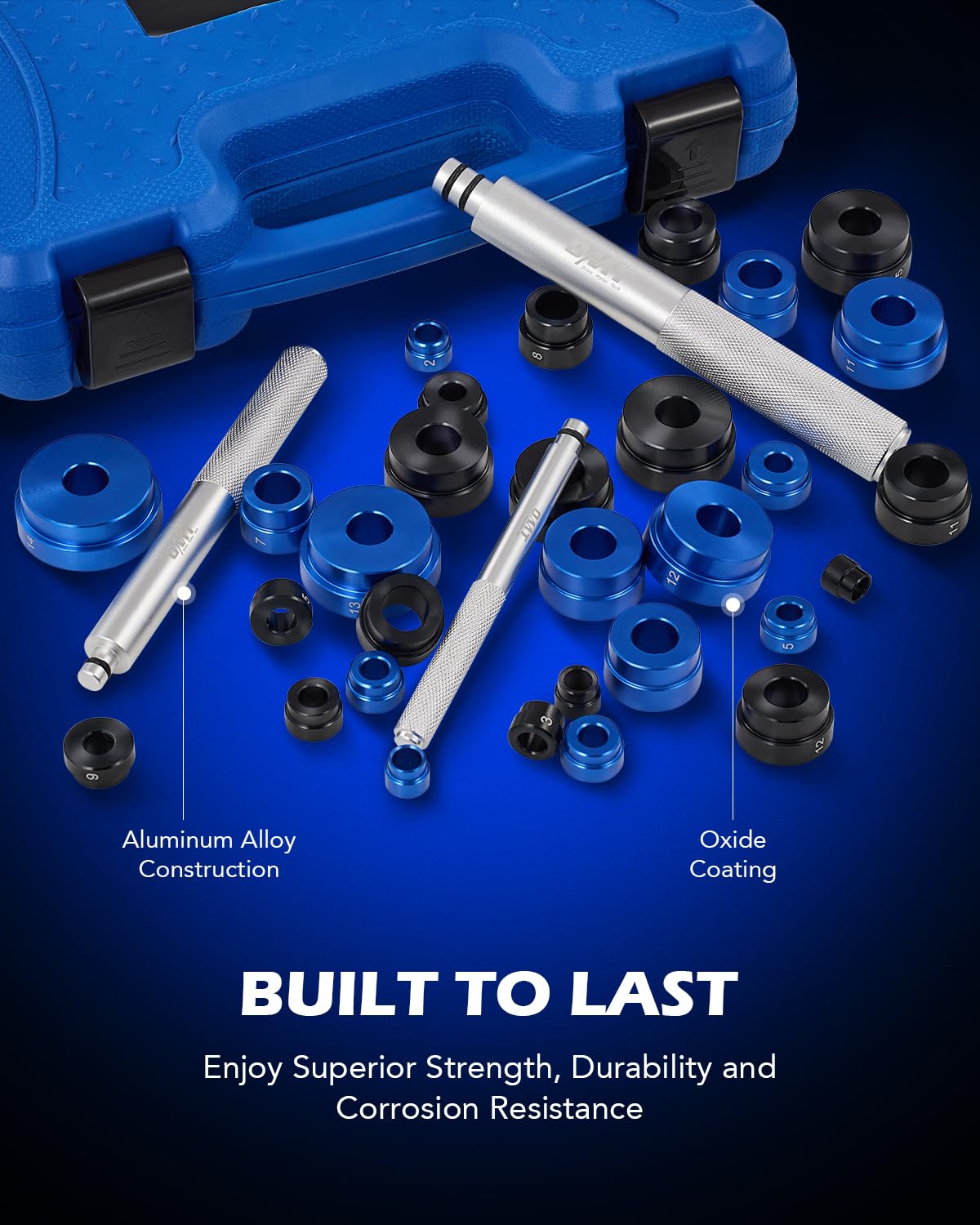 Orion Motor Tech 33pc Bearing Race & Seal Driver Set, 3 Knurled Handles, 30 Dual-Sided SAE & Metric Adapters, Blue Aluminum Alloy, Grease Compatible, Wheel Bearing Installation Kit