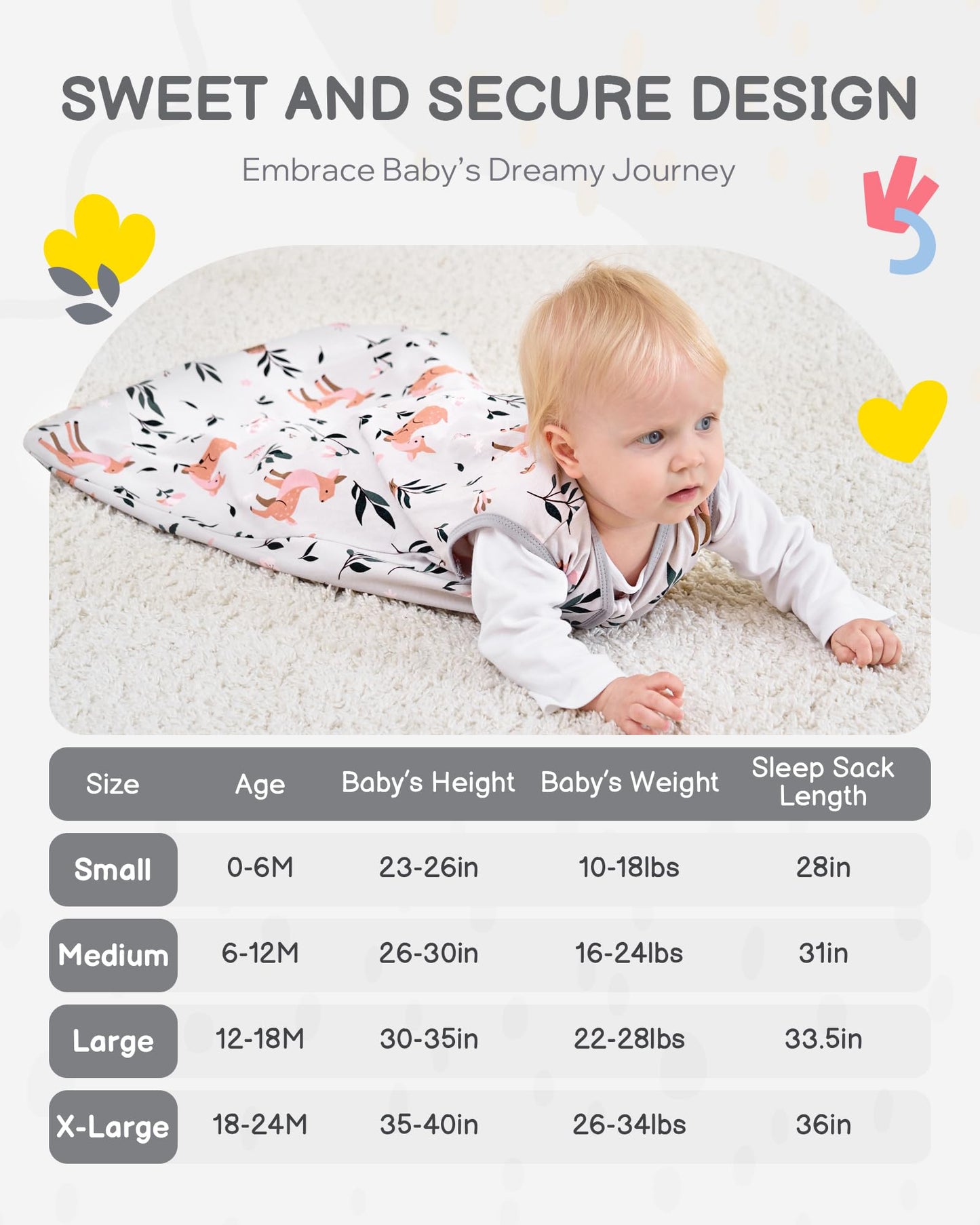 TURMEWU 3 Pack Baby Sleep Sack 6-12 Months 100% Organic Cotton, 0.5 TOG Lightweight Wearable Blanket, 2-Way Zipper Sleeping Bag, Cotton&Fawn&Grey