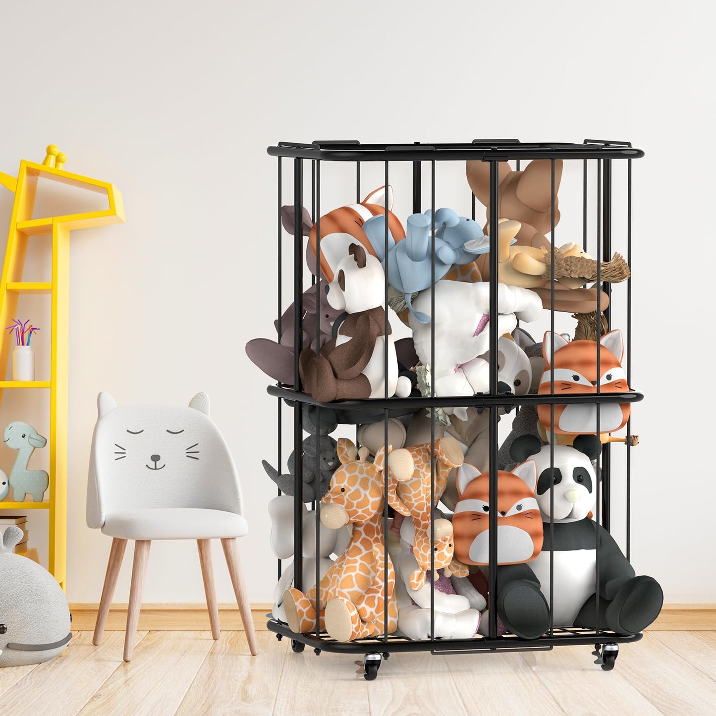 Stuffed Animal Storage - Toy Storage Organizer with Wheels,Stuffed Animal Zoo Storage Cage for Nursery Playroom Bedroom Toy Organizer,Black