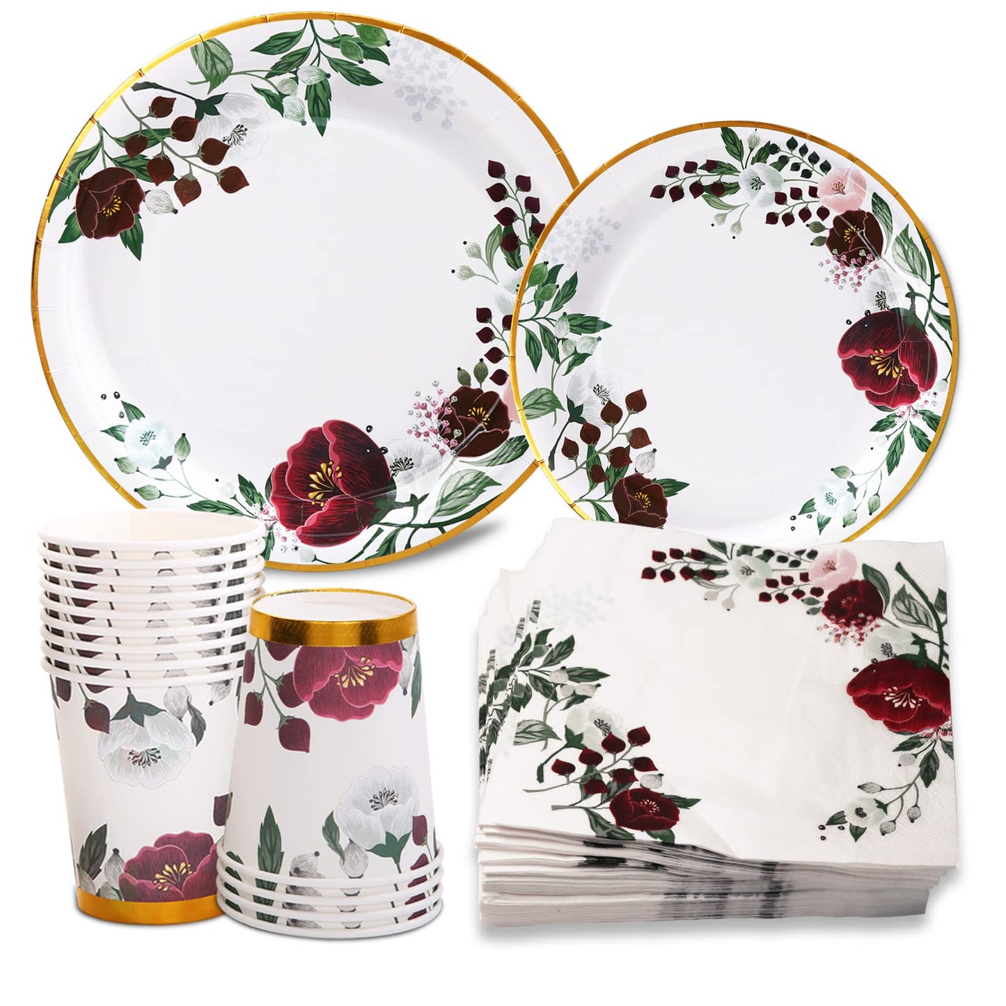 Gudvilla 200Pcs Floral Paper Plates and Napkins Party Supplies - Bridal Shower Decorations Serves 50, Burgundy for Wedding, Birthday, Valentine's Day, Easter, Spring Party