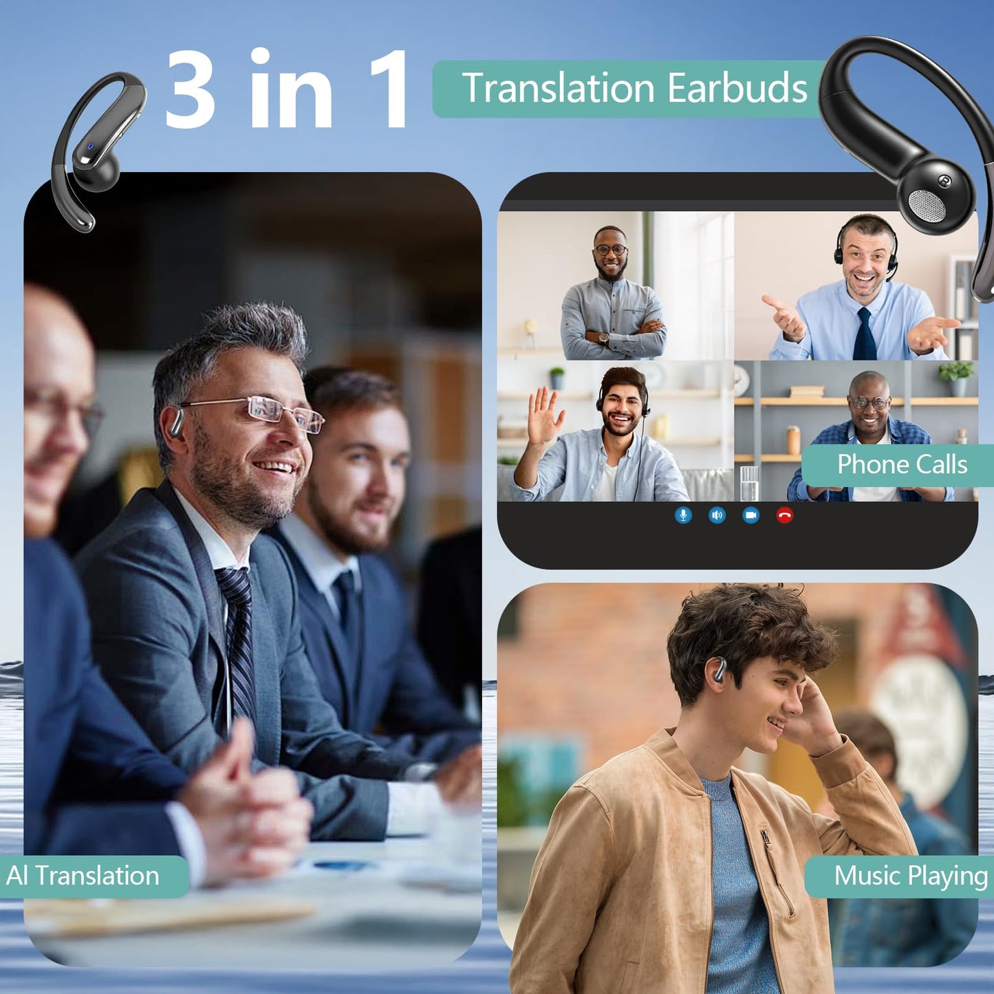 AI Language Translator Earbuds Real Time, 164 Language/3-in-1 Translating Device Headphones, Audífonos Traductores Inglés Español, Bluetooth 5.4 Translation Device for Travel Business Learning, Black