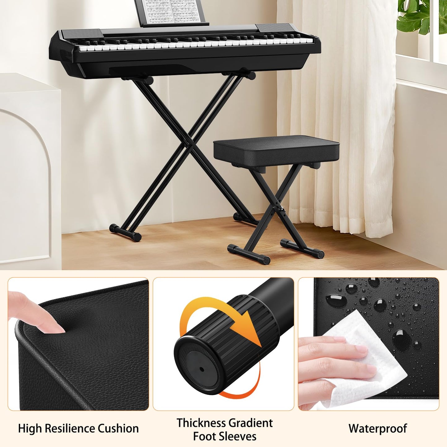 GLEAM Keyboard Bench X-Style Height Adjustable 16.5-18.5in Padded Cushion Piano Stool Bench Keyboard Chair for Keyboards Piano