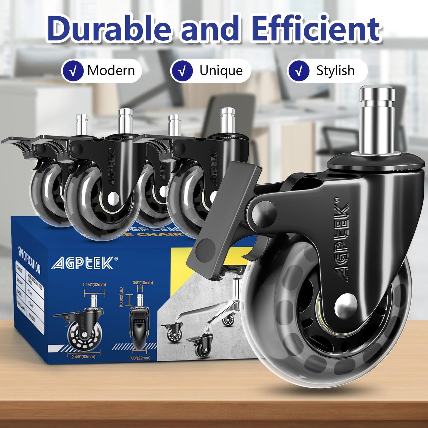 AGPTEK Set of 5-Office Chair Caster Wheels with Brakes, Quiet Office Chair Wheels Replacement with Locks (10x22mm) for Hardwood Floors and Carpet, No Noise, Heavy Duty Game Chair casters