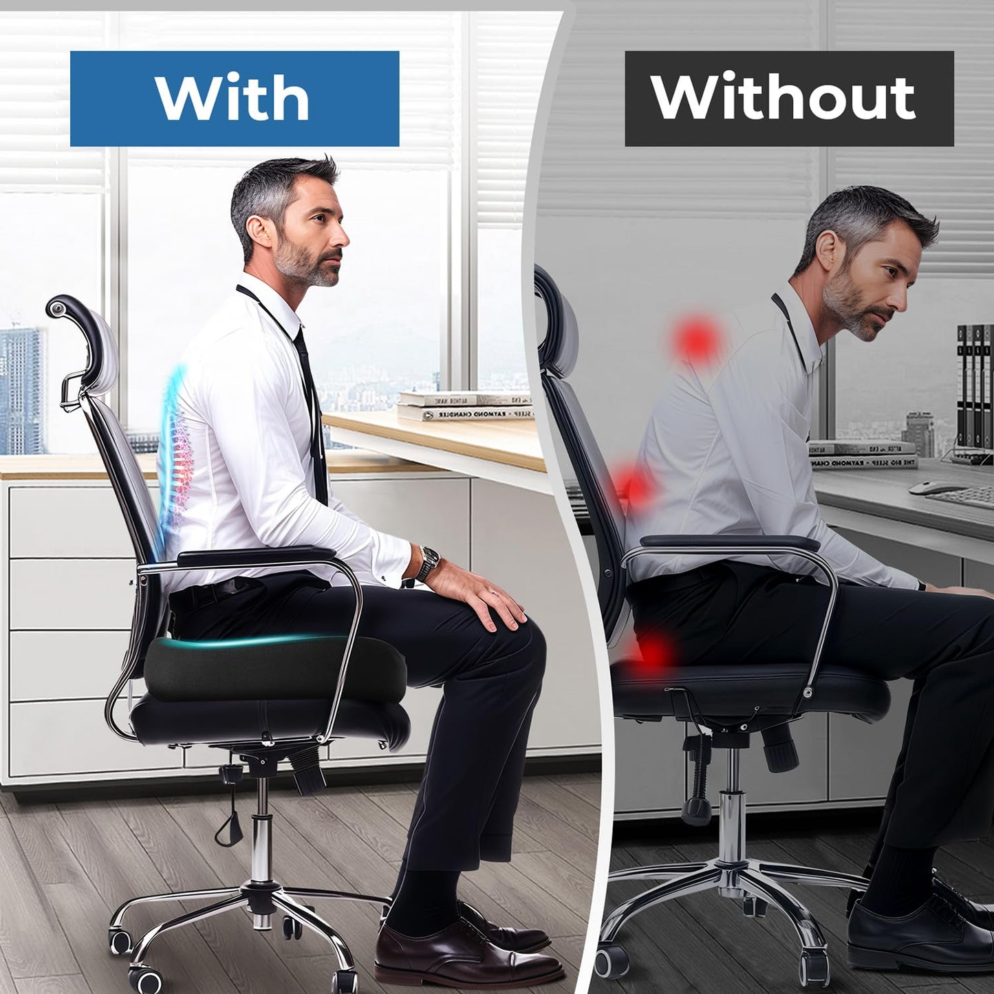 Seat Cushion for Office Chair, Large Memory Foam Coccyx Seat Cushions for Long Sitting Workers,Ergonomic Desk Chair Cushion with Washable Non-Slip Cover