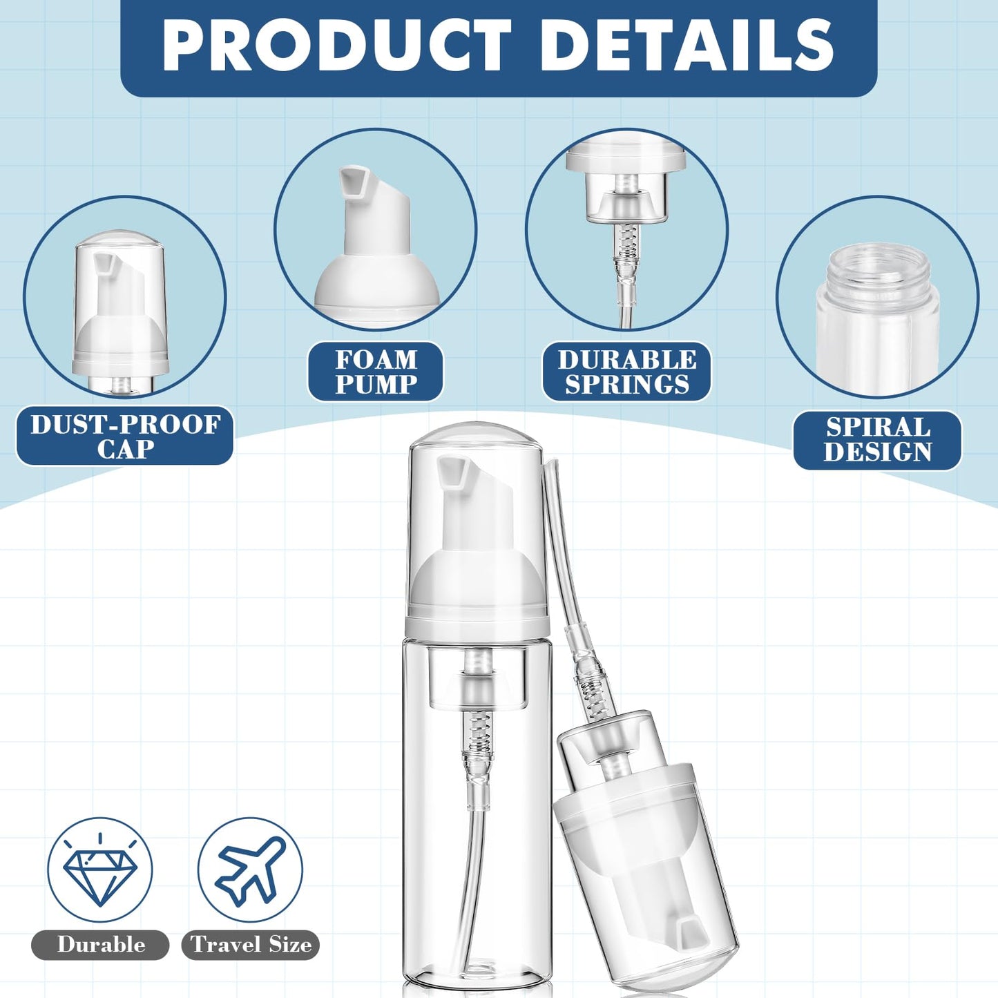 50 Pcs 2 oz Plastic Foam Pump Bottle Refillable 60ml Travel Mousse Foaming Soap Dispenser Mini Eyelash Cleaning Foam Bottle Dispenser for Face Wash Lash Shampoo Skin Care