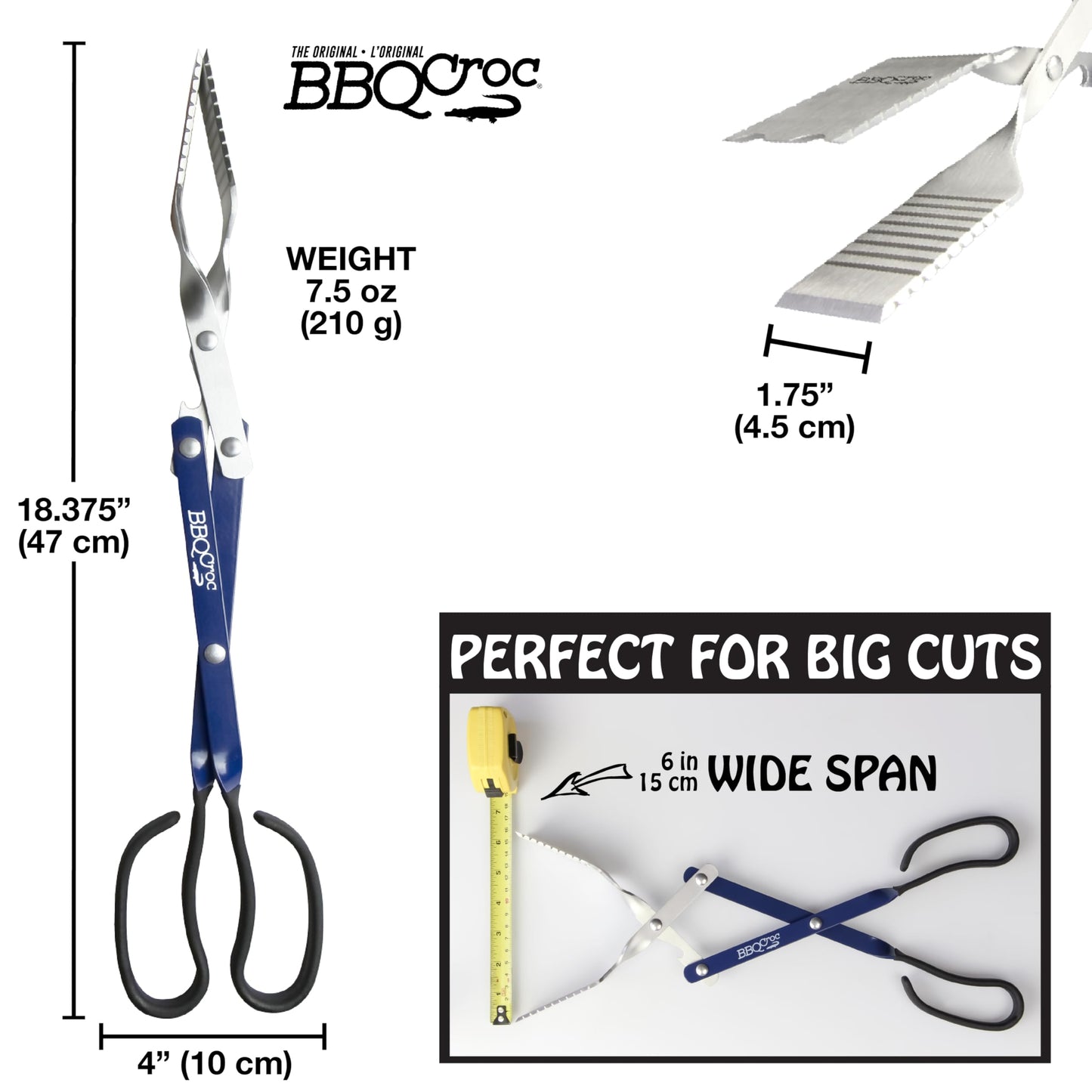 BBQ Croc 3 in 1 Barbecue Tool 18-inch - Light and Long Tongs, Spatula and Grill Scraper (Blue) (18 inch Without Flashlight)