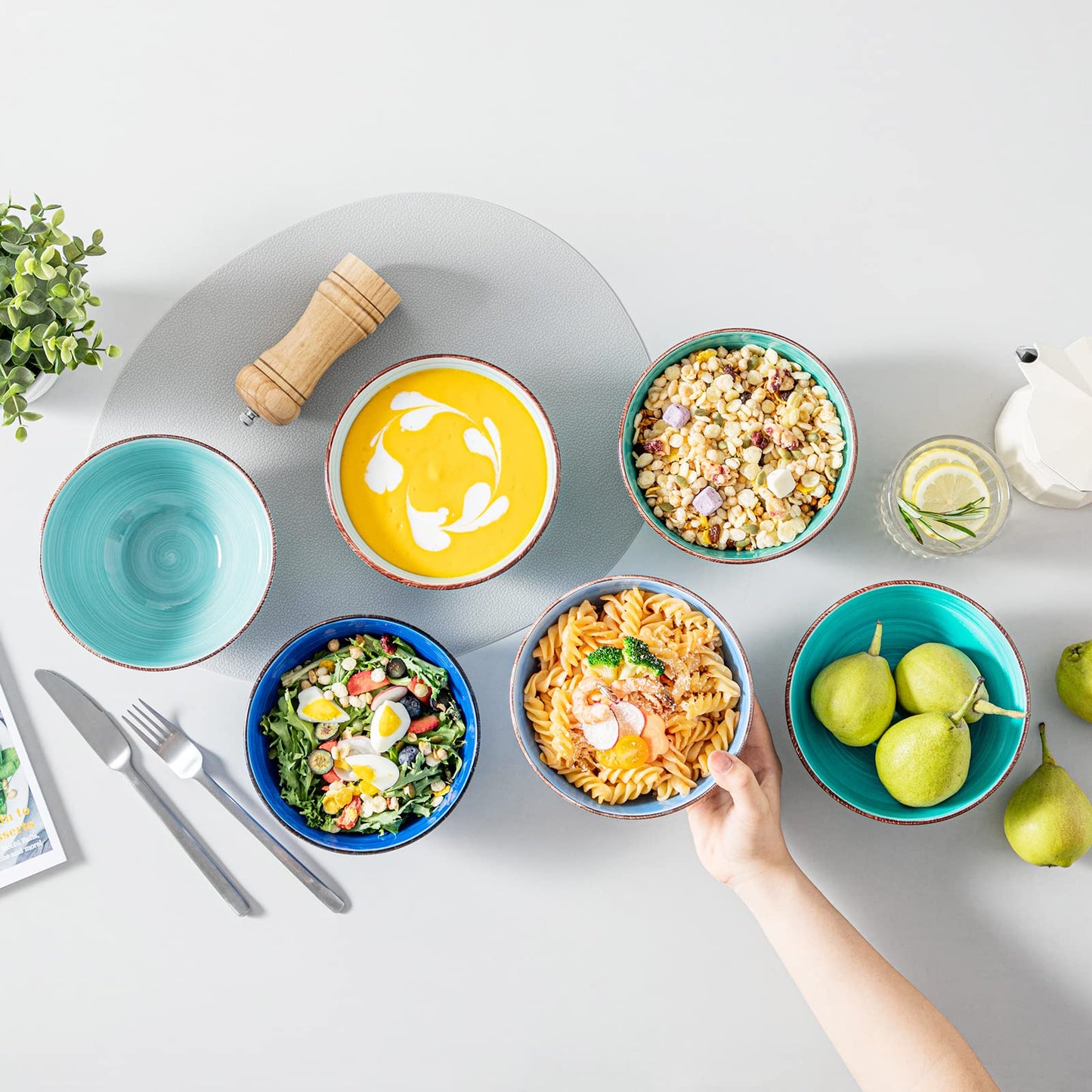 vancasso Bonita 27 Oz Cereal Bowls Set of 6, Blue Ceramic Bowls, 6 Inch Soup Bowls, Dishwasher & Microwave Safe