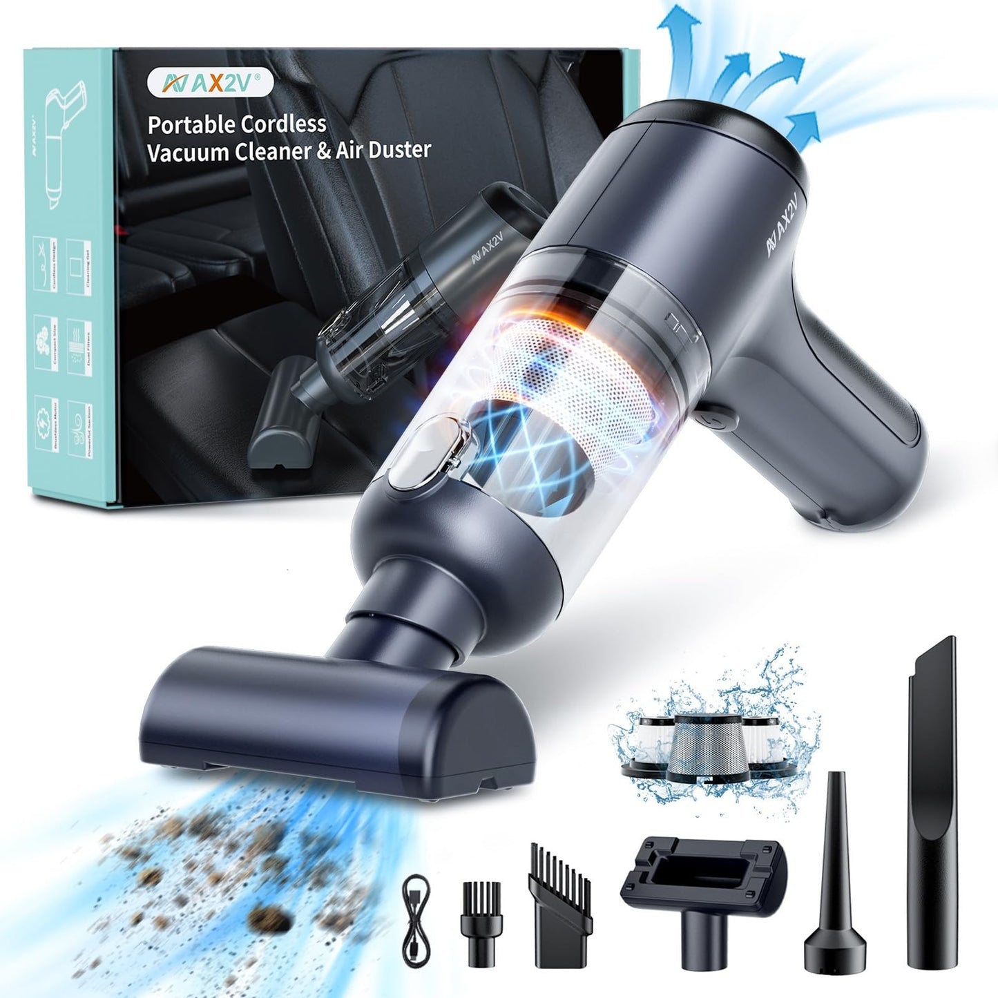 AX2V 4-in-1 Handheld Vacuum Cleaner, 16000Pa Brushless Powerful Car Vacuum Cleaner, Low Noise Cordless Rechargeable Vacuum, Ideal for Office, Home and Car Detail Cleaning