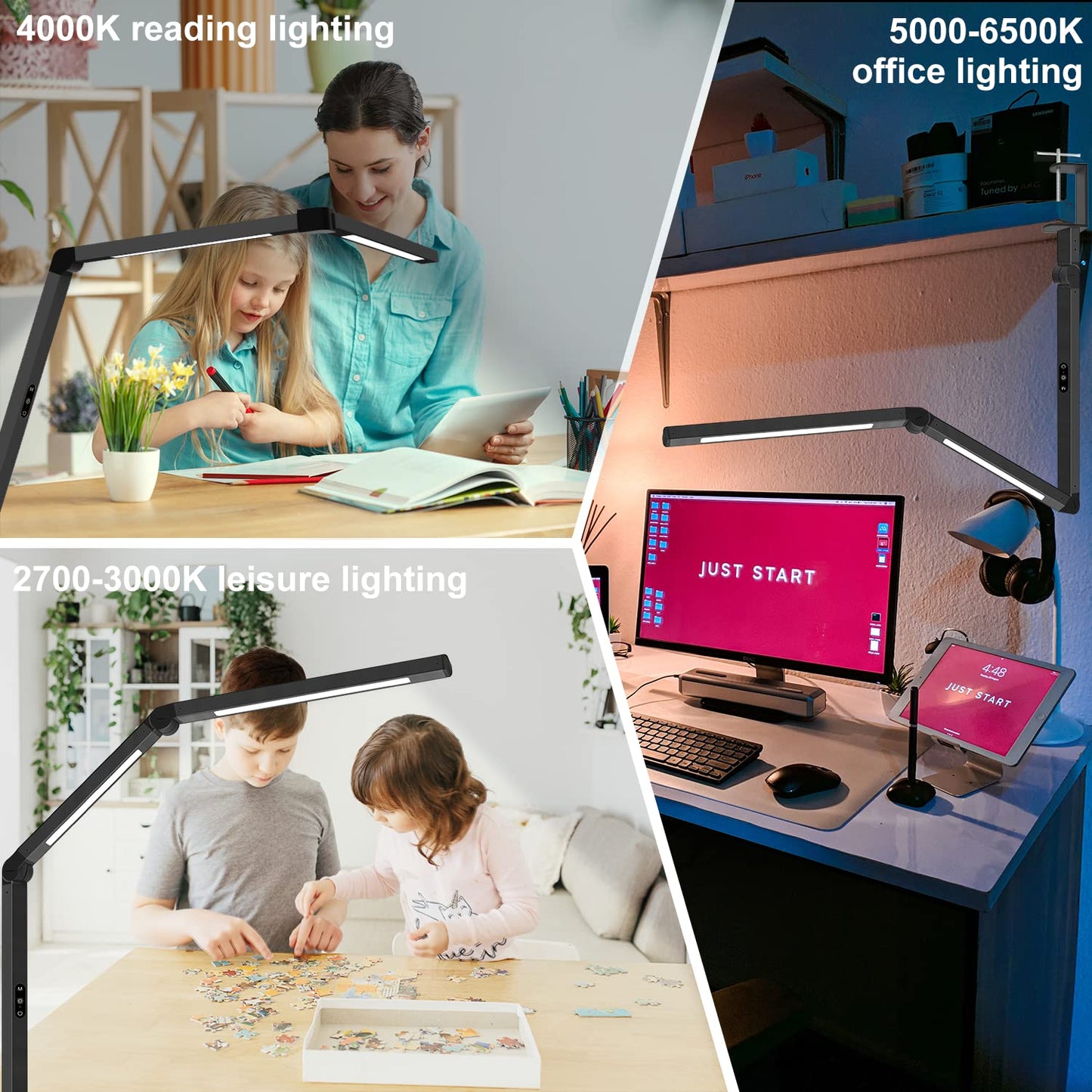 LED Desk Lamp with Clamp, Architect Desk Lamp with Dual Light and Adjustable Swing Arm, Clip-on Eye-Care 4 CCT Modes & 5 Brightness Levels Table Light Modern Desk Light for Dorm Home Office