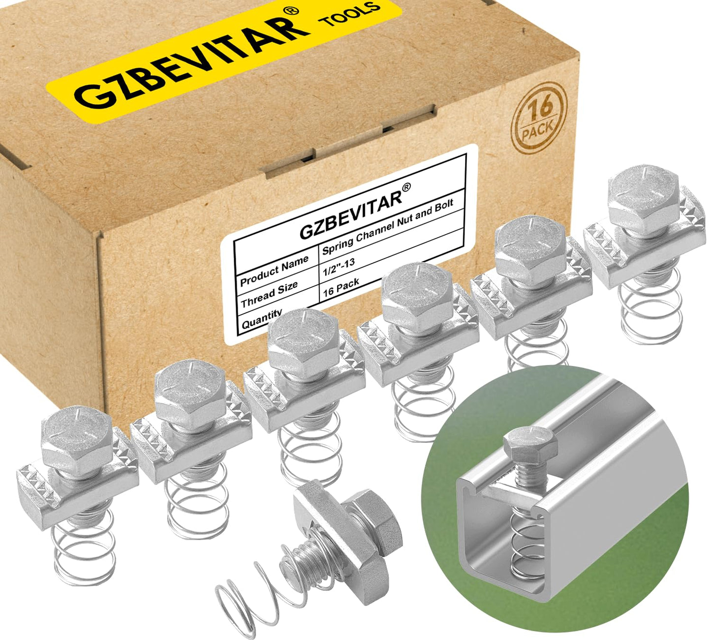 GZBEVITAR Spring Channel Nut and Bolt - 1/2" x 15/16" for 1-5/8" Strut Channel. Strut Channel Spring Nut 1/2"-13 with Thickened Galvanized Plating (16 Pack)
