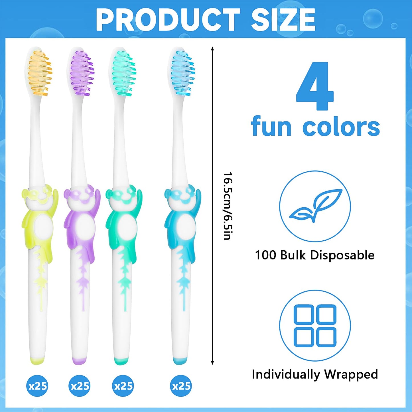 100Pcs Kids Toothbrushes Bulk, Disposable Manual Toothbrushes Individually Wrapped Soft Children Toothbrushes with Rubber Handle for School Travel Home(4 colors)