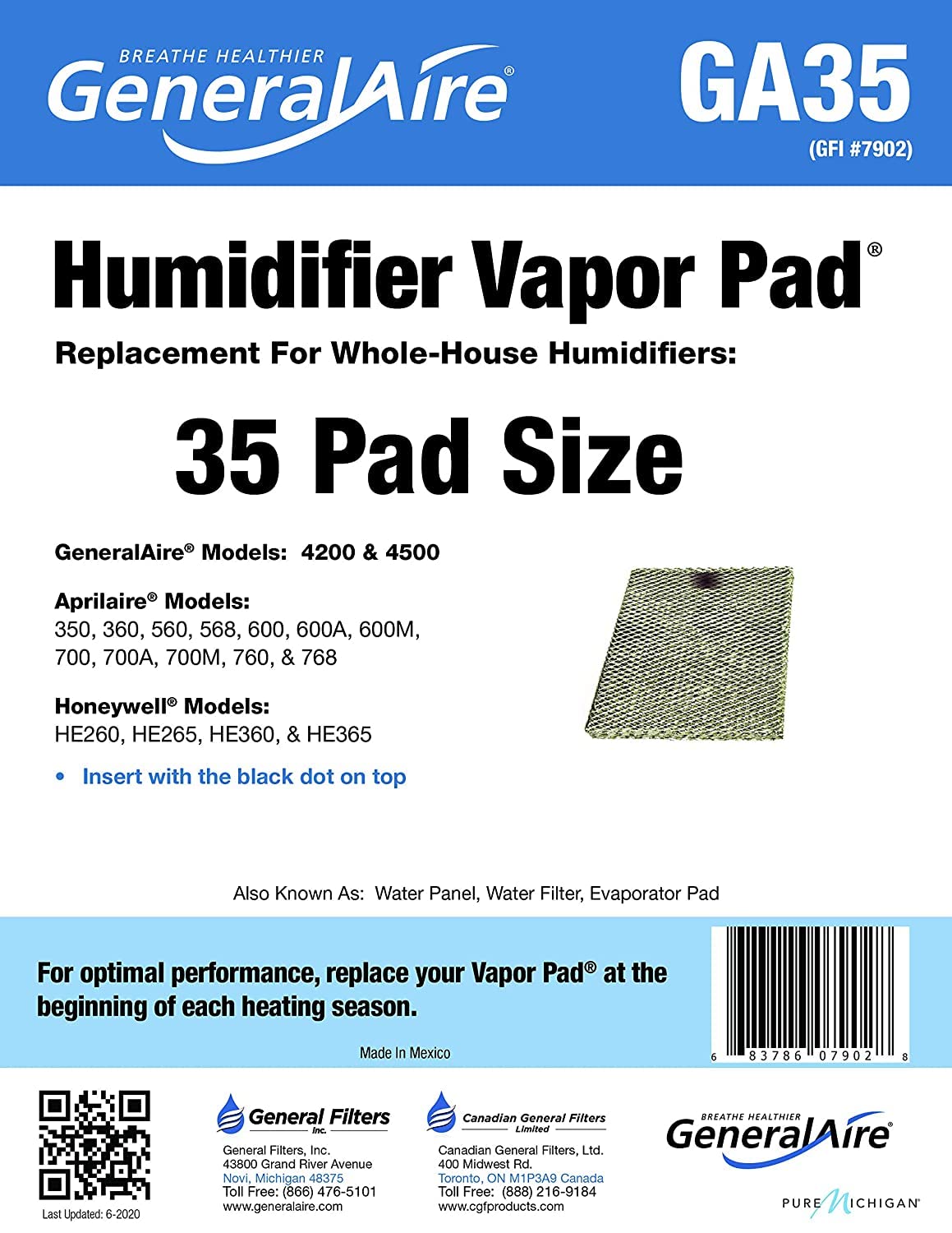 Generalaire Model 4200/4500 Replacement Humidifier Pad GA35 / GFI # 7902. Package of 2