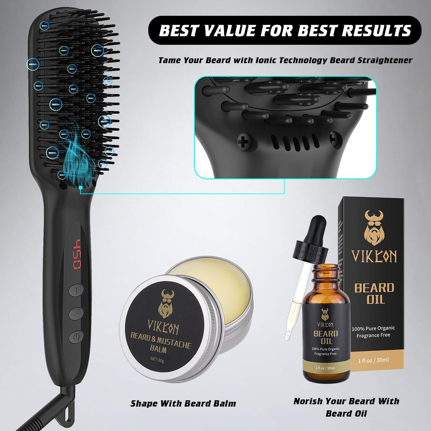 Beard Straightener w/FREE Beard Oil and Beard Balm for Men, Ceramic & Ionic Beard Straightening Comb with Fast Heating and Anti-Scald, Dual Voltage Heated Beard Brush LCD Display-Gift Set