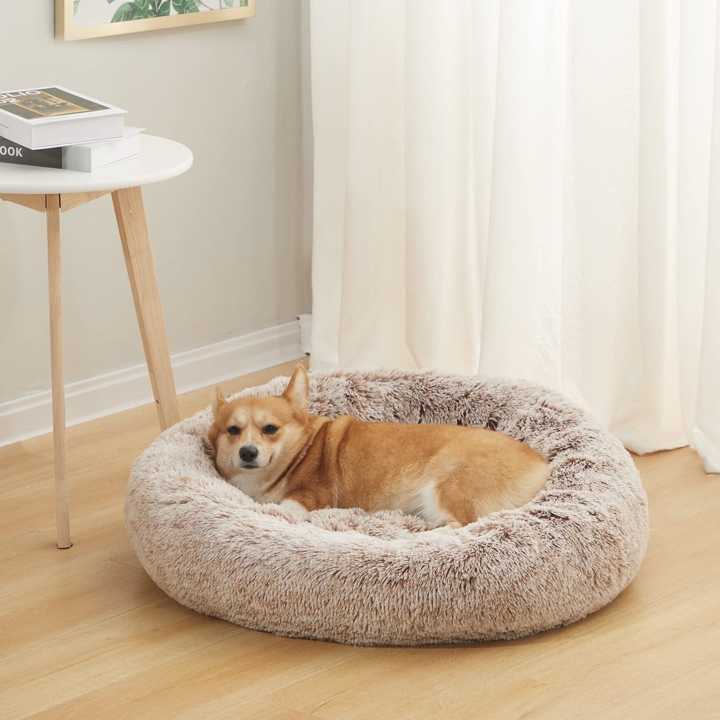 Bedfolks Calming Donut Dog Bed, 30 Inches Round Fluffy Dog Beds for Midium Dogs, Anti-Anxiety Plush Dog Bed, Washable Pet Bed with Non-Slip Bottom (Brown, Medium)