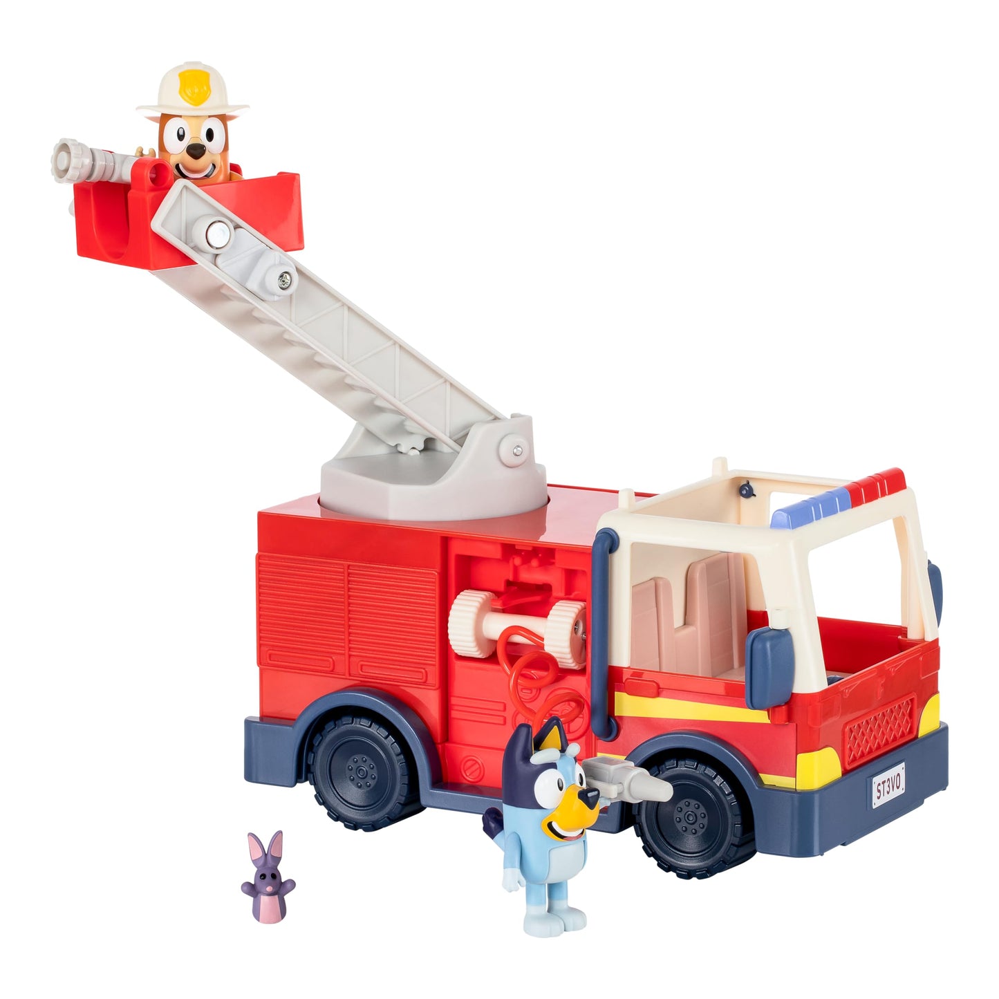 Bluey Firetruck | Firetruck with Bluey, Exclusive Firefighter Bingo and Bob Bilby Figures | Raise The Ladder, Spin It Around and Roll Out The Hose | Includes Sticker Sheet