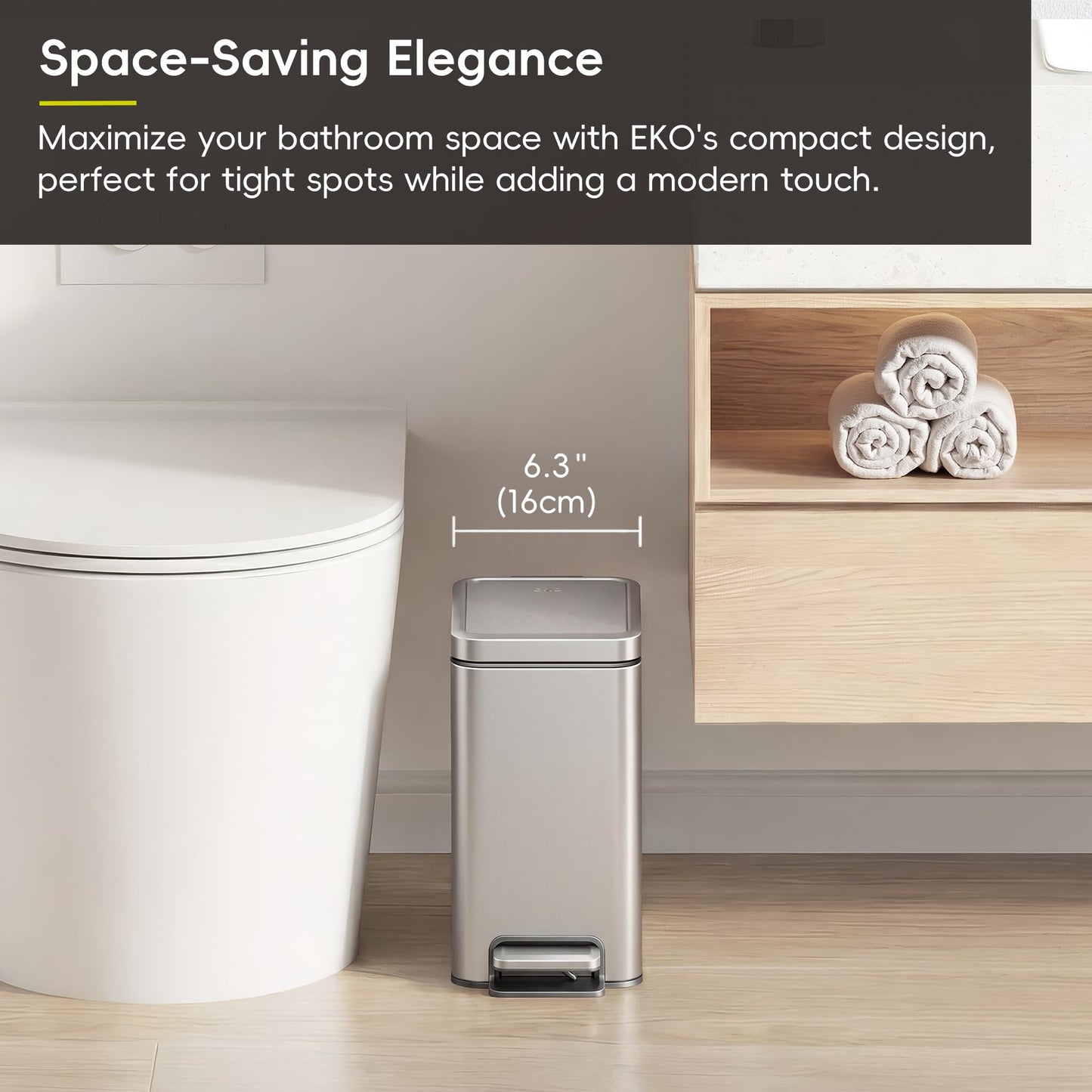 EKO Small Bathroom Trash Can with Lid Soft Close, Step Pedal, 6 Liter / 1.6 Gallon Stainless Steel Garbage Can with Removable Inner Bucket, Anti-Fingerprint Finish (Silver)
