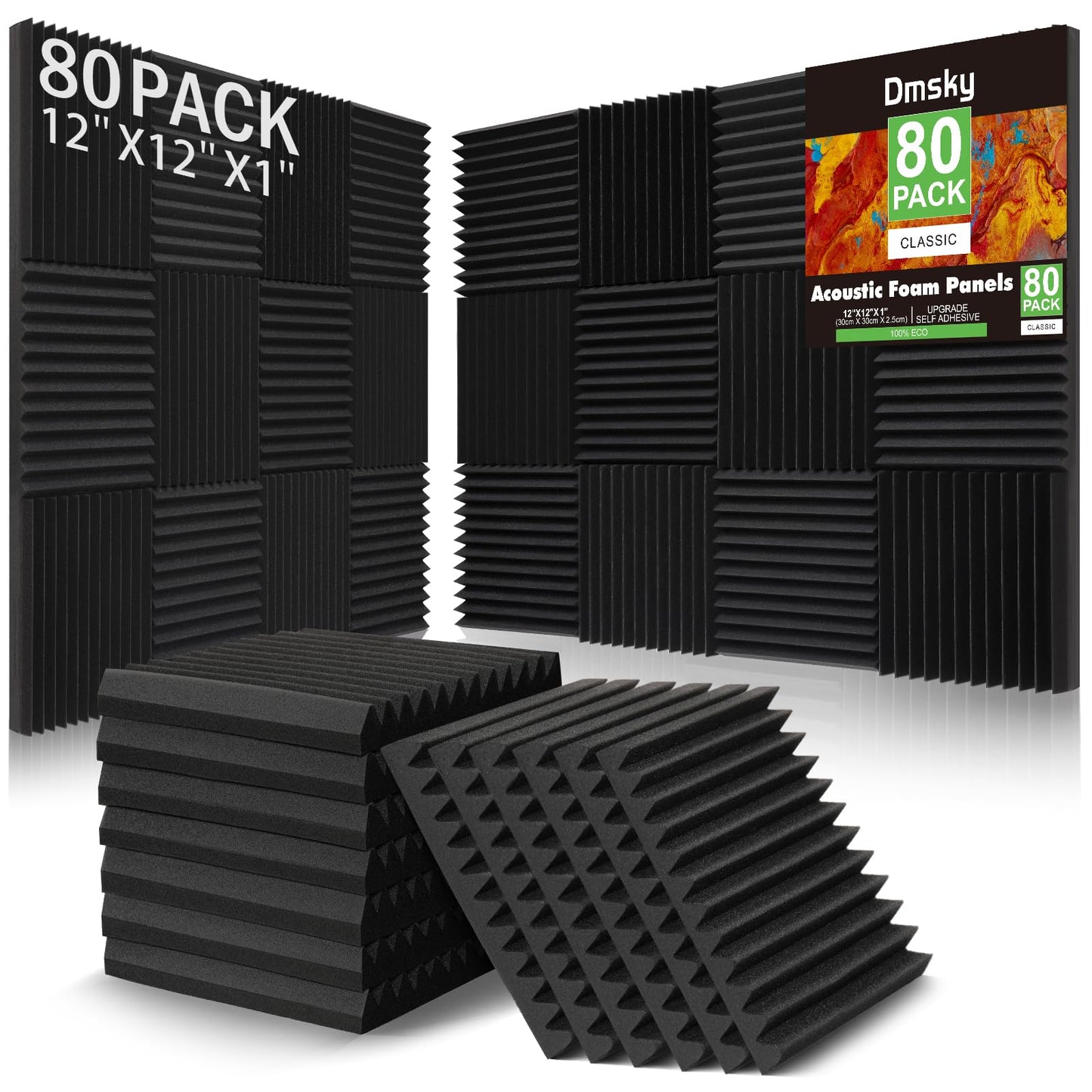 80 Pack Acoustic Foam Panels,1"X 12" X 12"Sound Proof Foam Panels-High Density Sound Absorbing Panels,Fire Resistant Soundproof Wedges Panels for Studio Recording & Office & Home