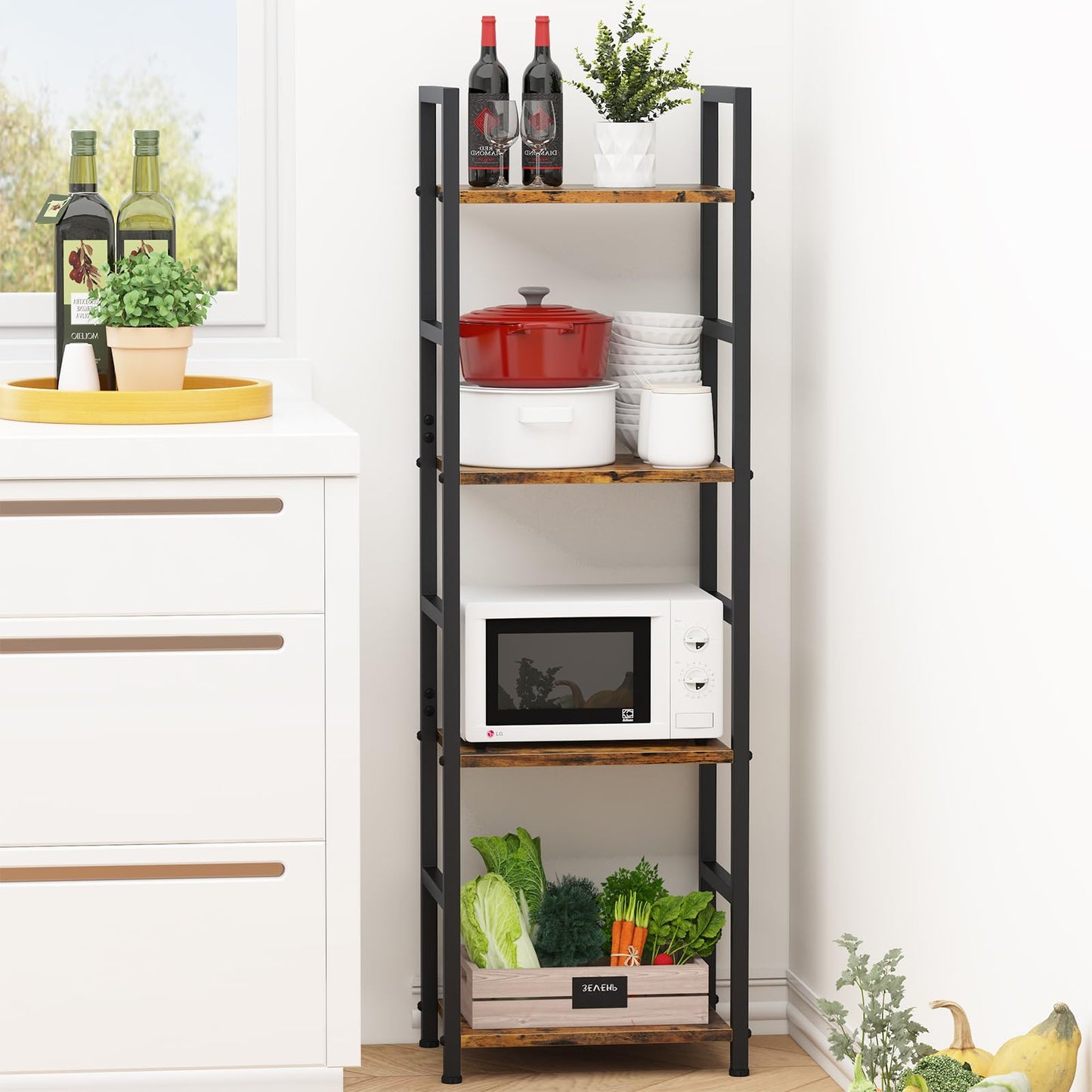 Katrawu 4 Tier Bookshelf, Small Book Shelf Industrial Bookcase, Metal Narrow Book Case Book Storage Organizer,Bookshelves for Bedroom Office Living Room(4 Tier,Rustic Brown)