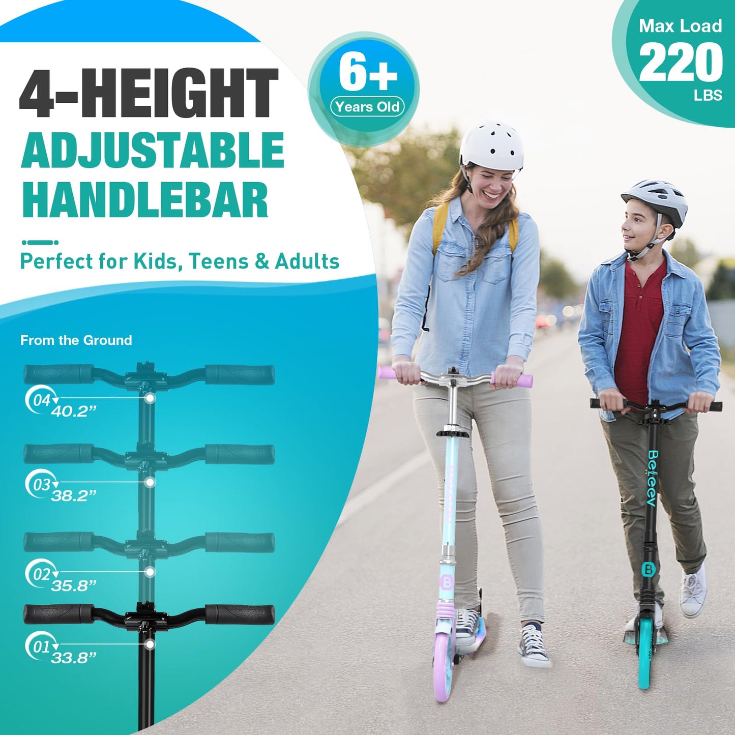 BELEEV V5 Scooters for Kids, Adults, Teens, Quick-Release Foldable System, Front Suspension System, 200mm Big Wheels Scooter with 4 Adjustable Height, Kick Scooter with Carry Strap, Teal