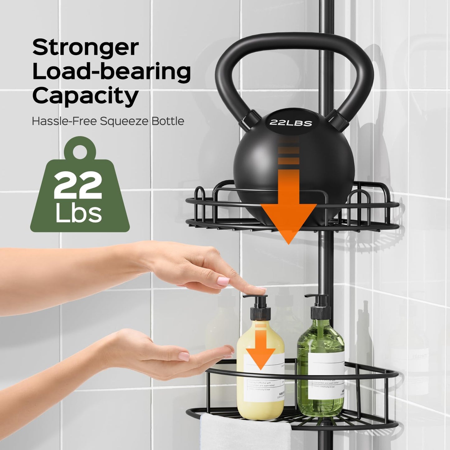 HAMITOR Corner Shower Caddy Tension Pole: 4-Tier Stainless Steel Bathroom Organizers Shelves, High Capacity Bathroom Storage Rack for Shampoo, Soap and Towel-Adjustable from 47 to 121 in, Black