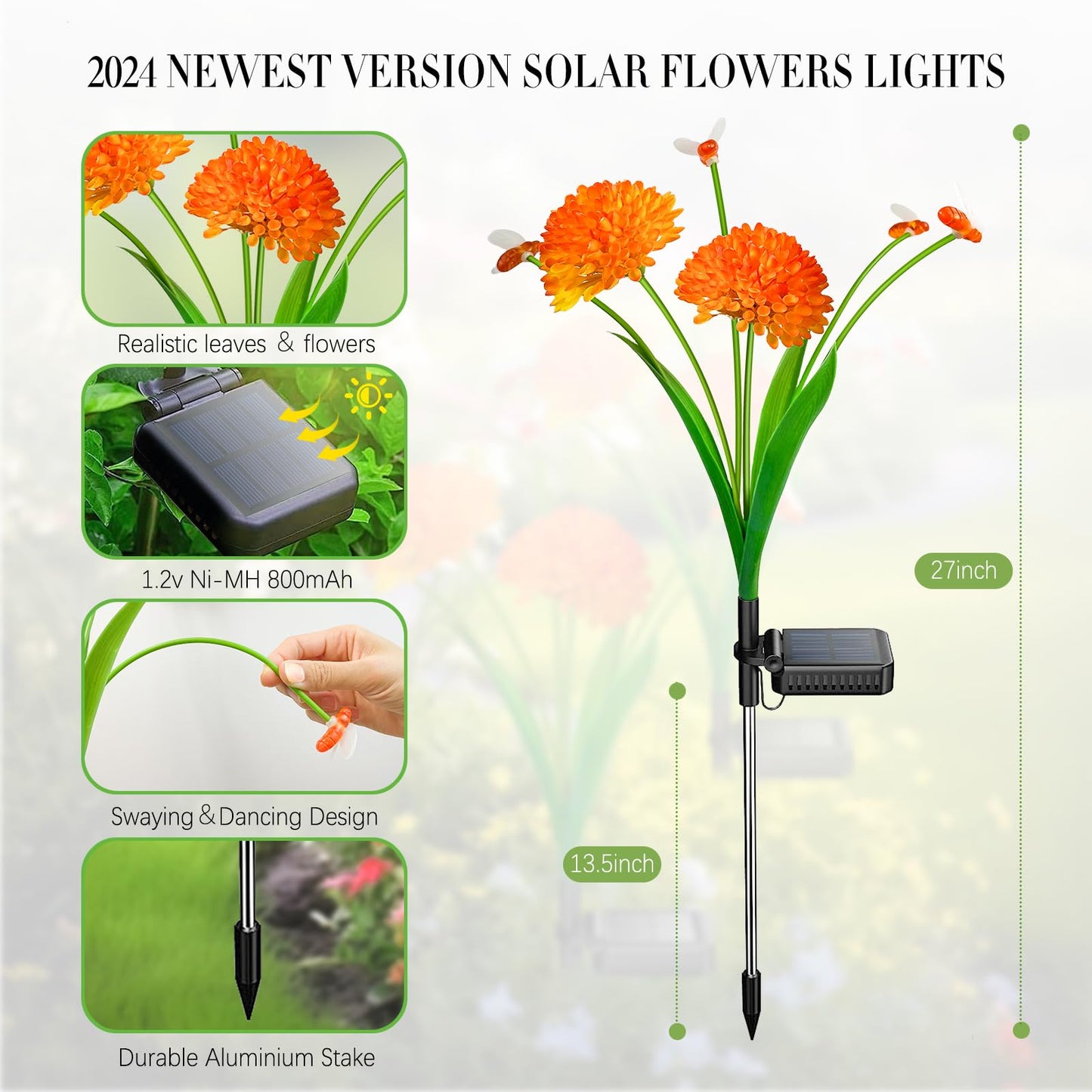 MRHEPHAESTUS Solar Garden Lights, 4 Pack Solar Swaying Bee Lights with Flowers, Warm White, FloralBee Theme, Decoration