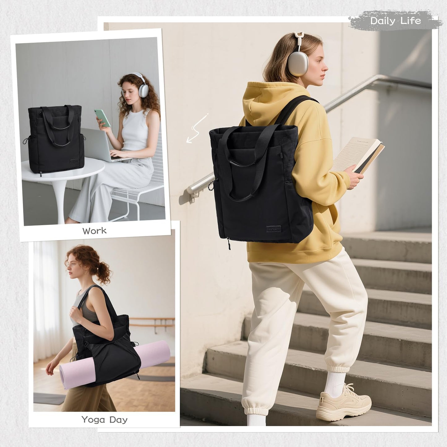Convertible Laptop Backpack Yoga Sports Bag Quilted Tote Bag, Yoga Mat Carrier Bag for Travel, Fitness, Office and Shopping (Black)