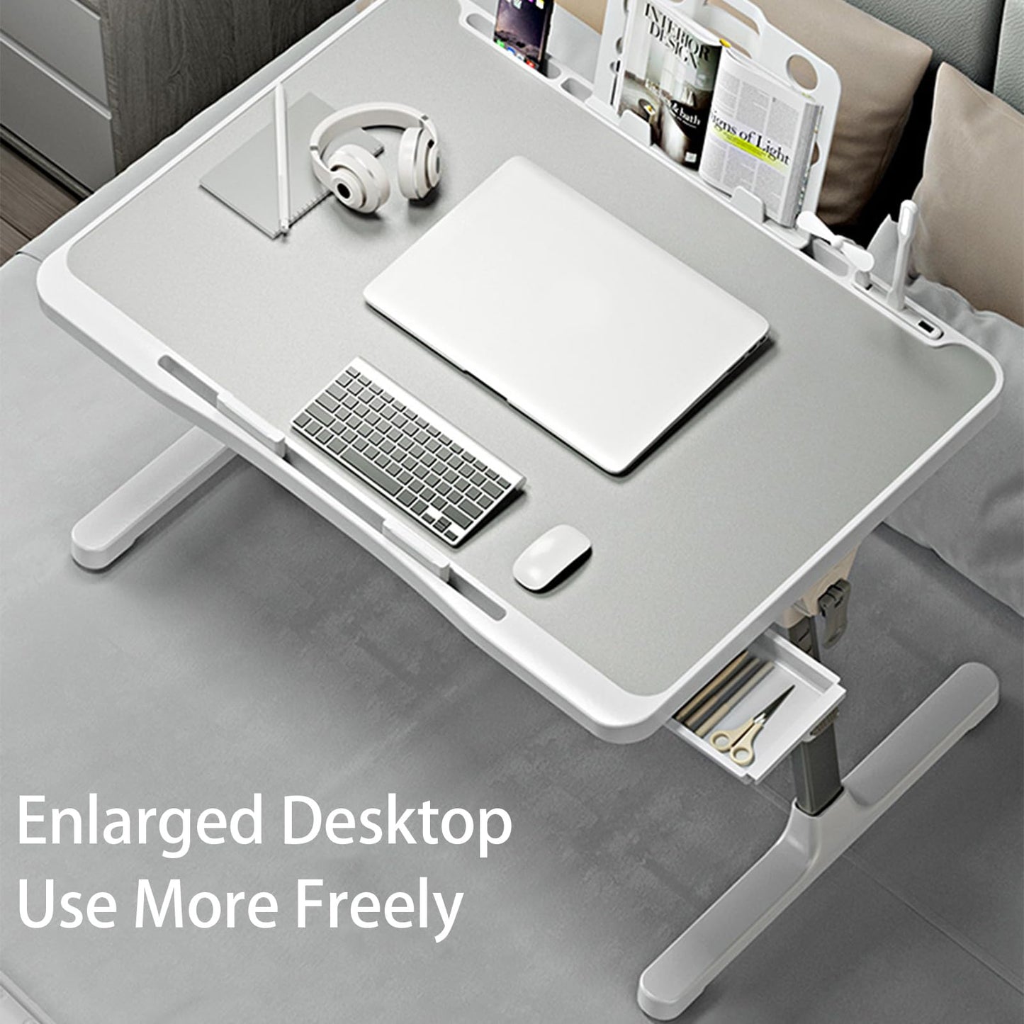 Laptop Desk for Bed, Adjustable Bed Table with USB Charge Port, Foldable Laptop Table with Storage Drawer, Portable Laptop Bed Desk Tray for Eating Working Writing Reading(Silver)