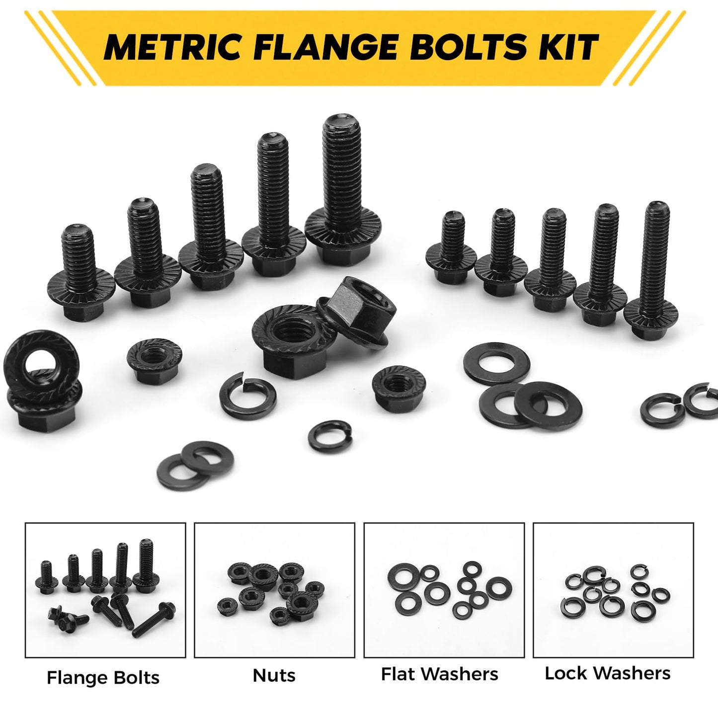 Homwin 286Pcs Flange Metric Bolt Assortment, M6-1.0, M8-1.25, M10-1.5 (12mm to 30mm) Assorted Metric Bolts and Nuts Kit, Zinc Galvanized Black