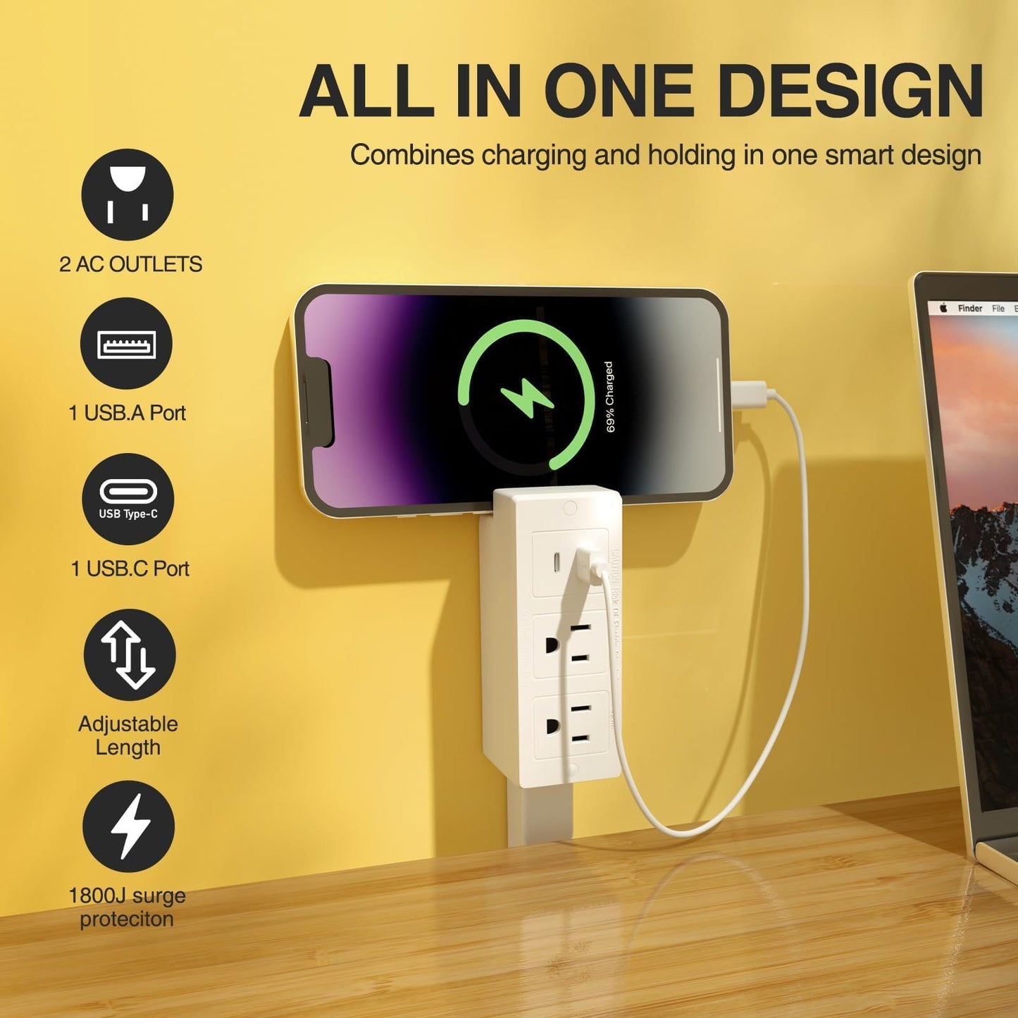 Electrical Outlet Extender Features USB-A, USB-C, and 2 AC Electrical Outlet Extender Stick for Hard to Reach Spaces Extends 17"-27", Rotates 180°. Use Behind Couches, Nightstands, Desks (1PCS)