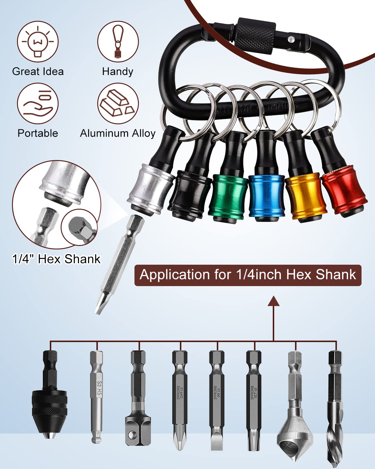 Katerk 24 pcs (4 Sets) Drill bit Holders Key Chain, 1/4 inch Hex Shank Aluminum Alloy Screwdriver Bits Holders, Light-Weight Quick-Change Extension Bar Keychain Drill Screw Adapter